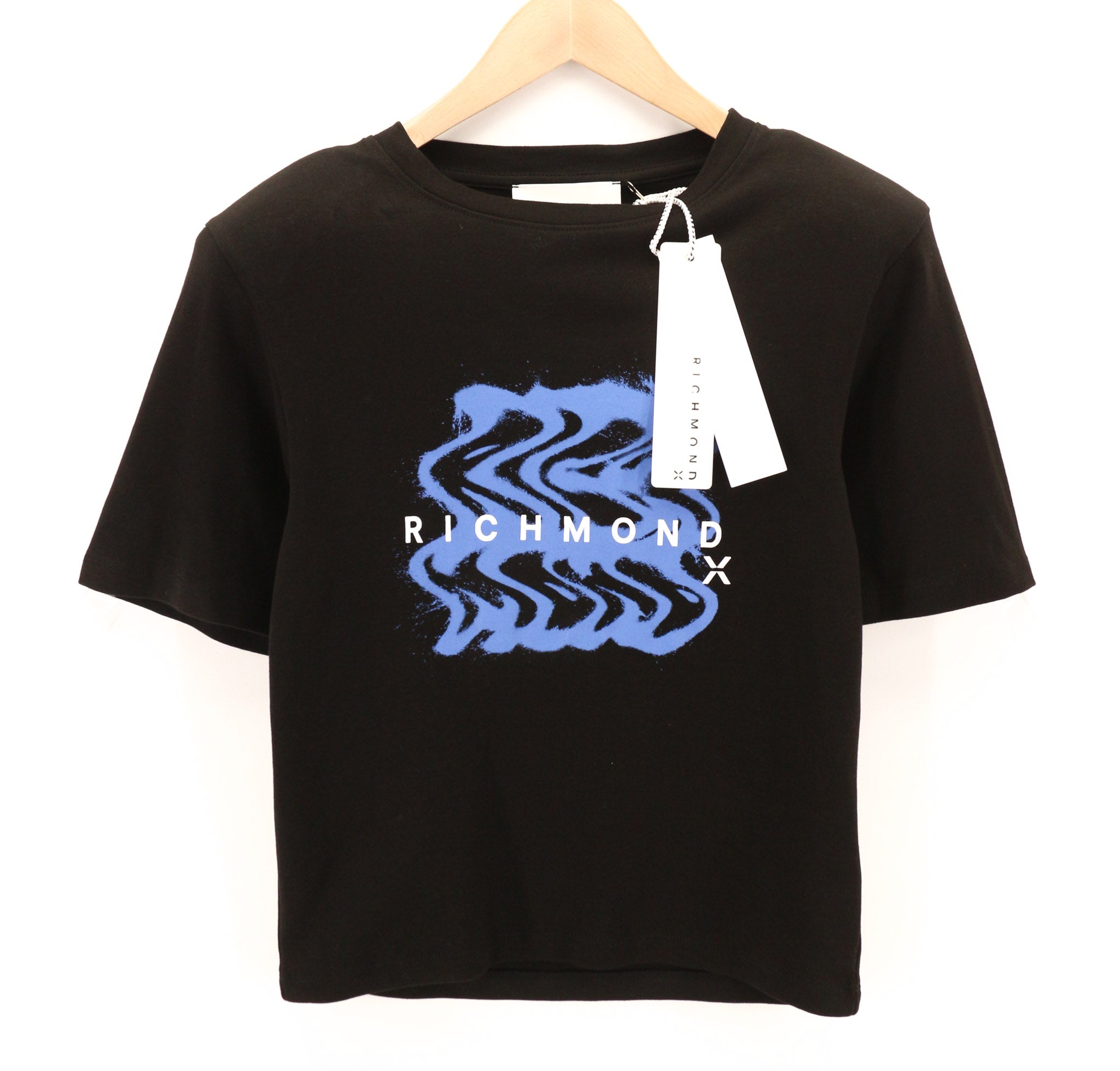 JOHN RICHMOND Women's T-Shirt S Black Shoulder Pads Short Sleeve Logo Print