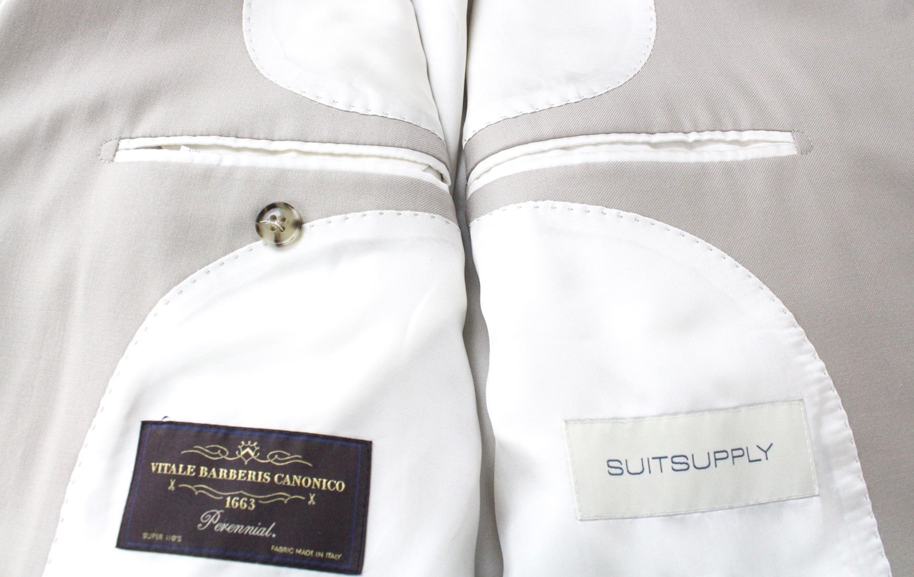 SUITSUPPLY La Spalla Men Suit UK44S Light Beige 2-Piece Slim Melange Wool Twill