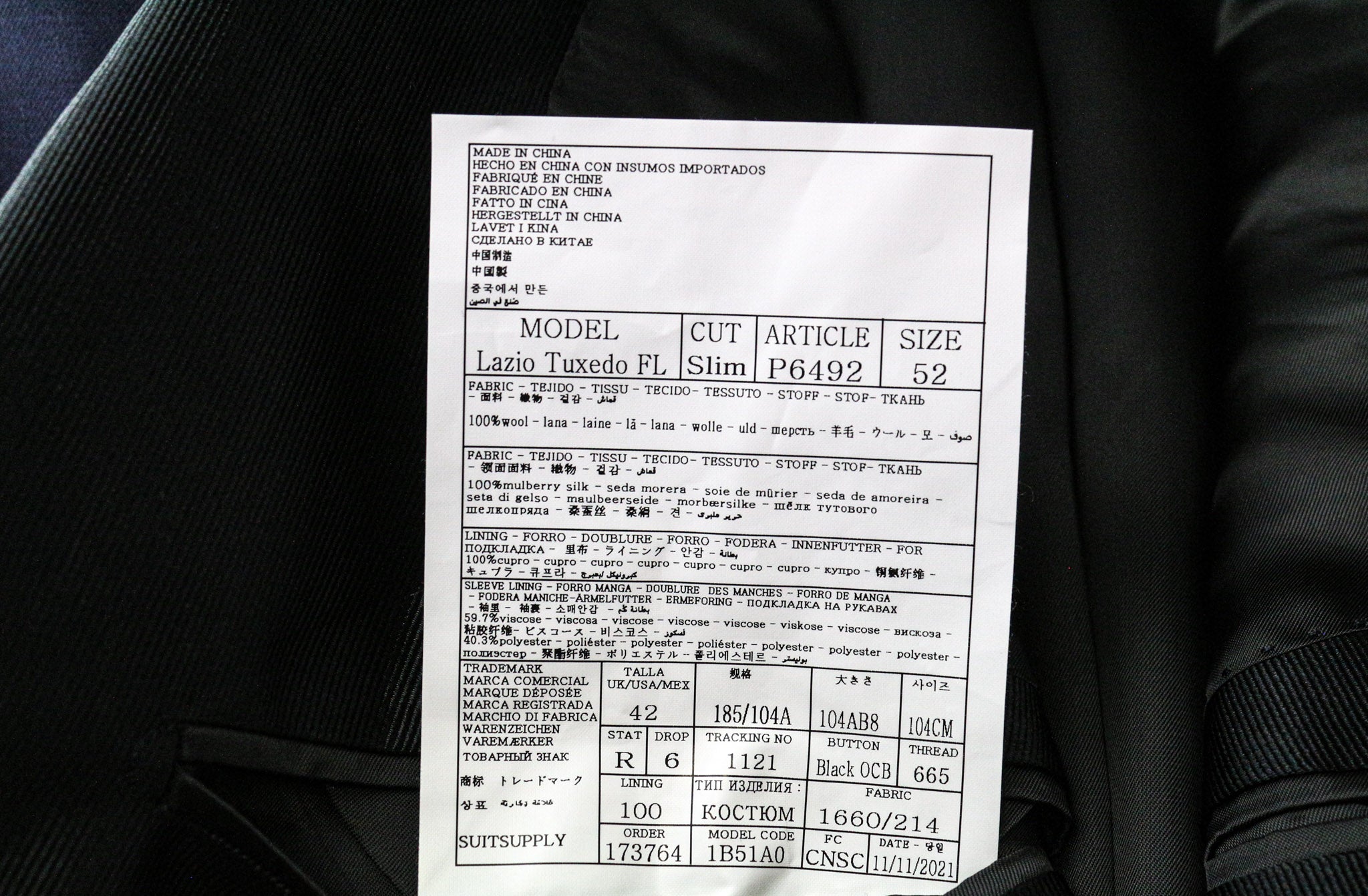 SUITSUPPLY Lazio Tuxedo Men's Suit UK42R Blue Slim S130s Wool 3Pc Peak Lapel