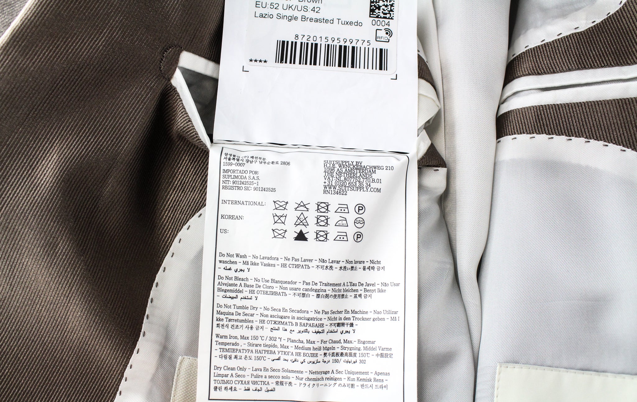 SUITSUPPLY Lazio Tuxedo Men's Suit UK42R Slim 2 Piece Brown Linen Peak Collar