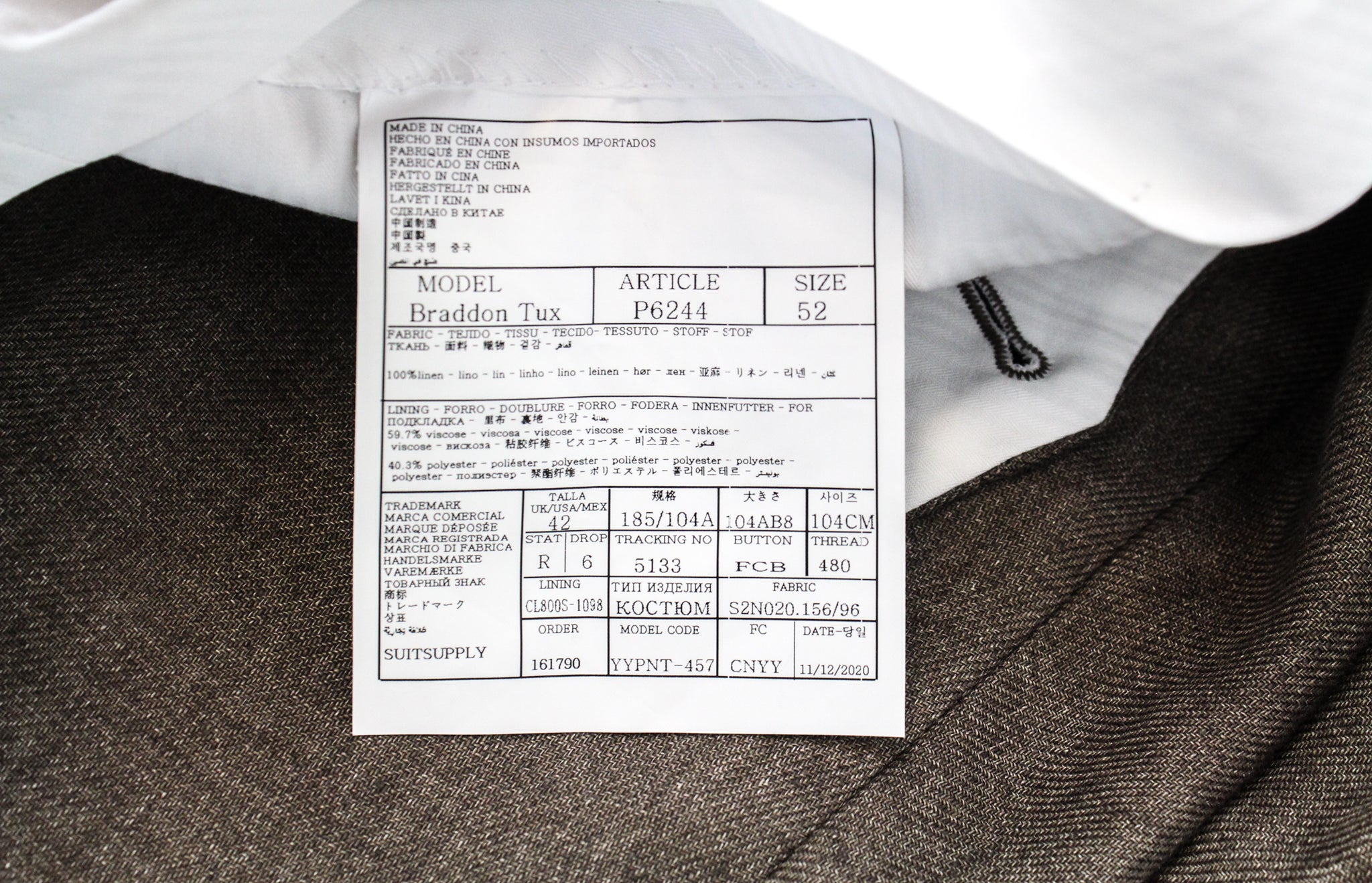 SUITSUPPLY Lazio Tuxedo Men's Suit UK42R Slim 2 Piece Brown Linen Peak Collar