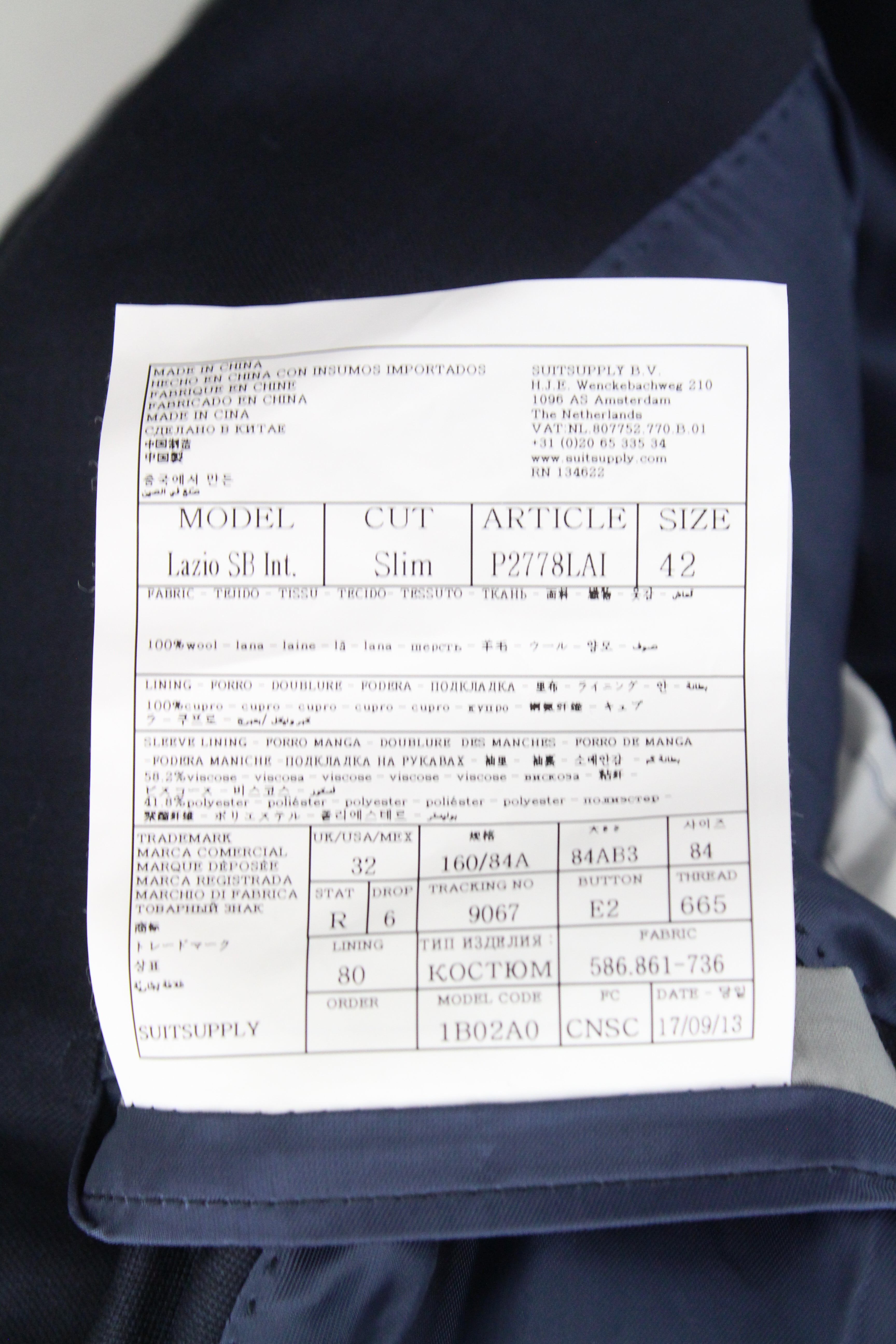 SUITSUPPLY Lazio SB Int. Men's UK32R Slim Wool 2 Piece Suit Dark Blue Lined