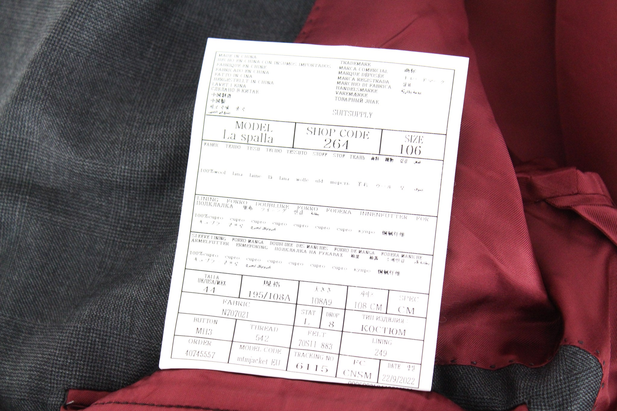 SUITSUPPLY La Spalla Men's UK44L Grey Wool Lined Suit Ing Loro Piano