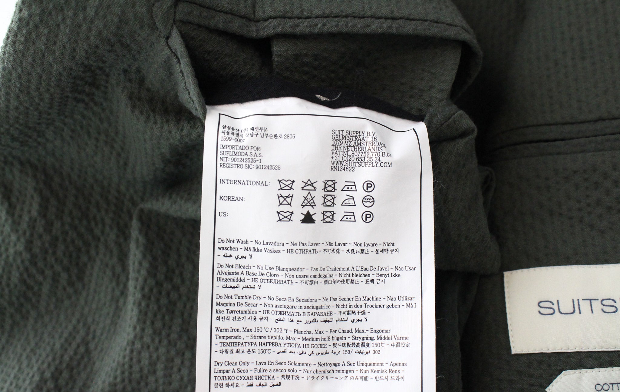 SUITSUPPLY Havana Patch Men's Suit UK34R Green Slim 2-Piece Cotton Mix Stretch