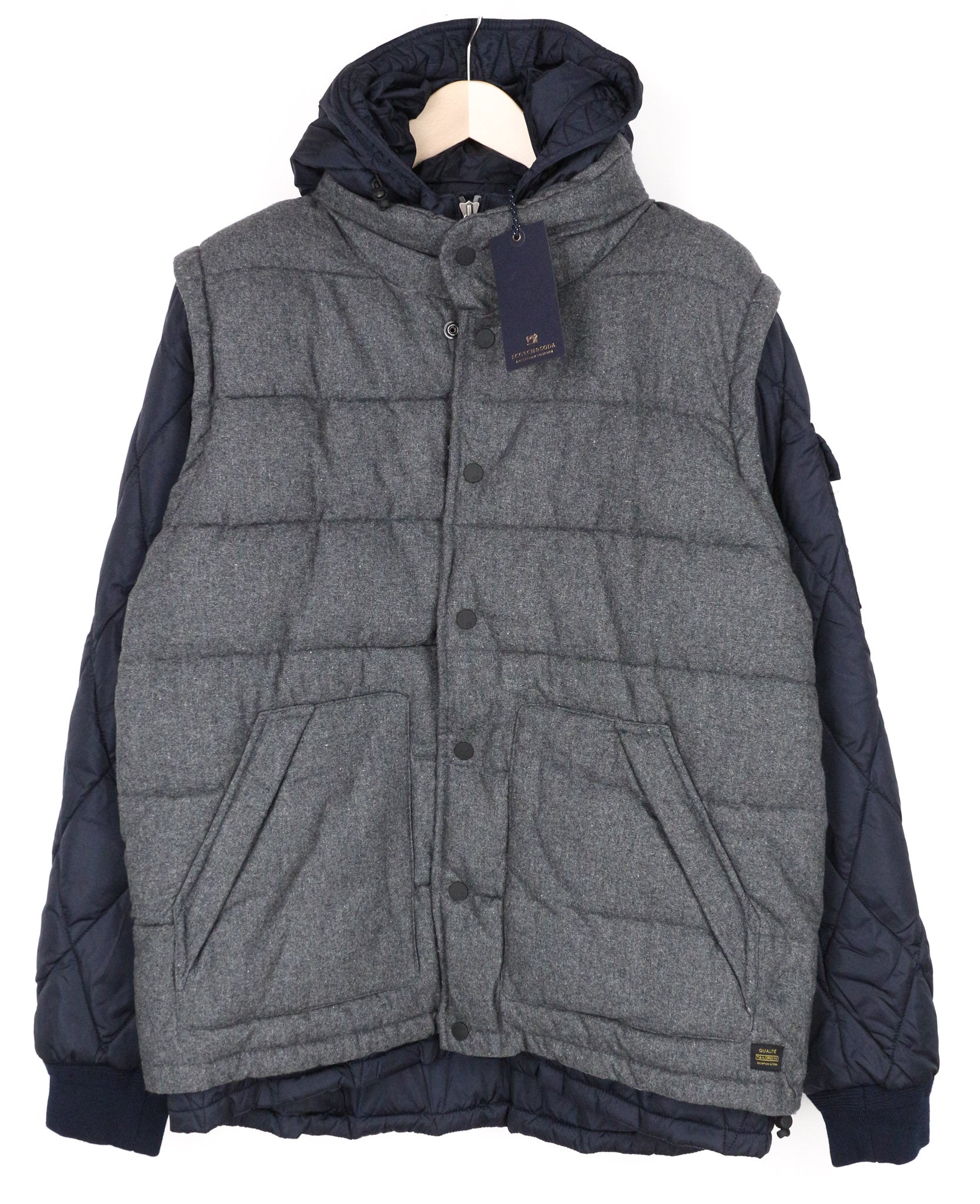 SCOTCH & SODA Men's XL Dark Grey Hooded Wool Blend Quilted Zip-Up Jacket