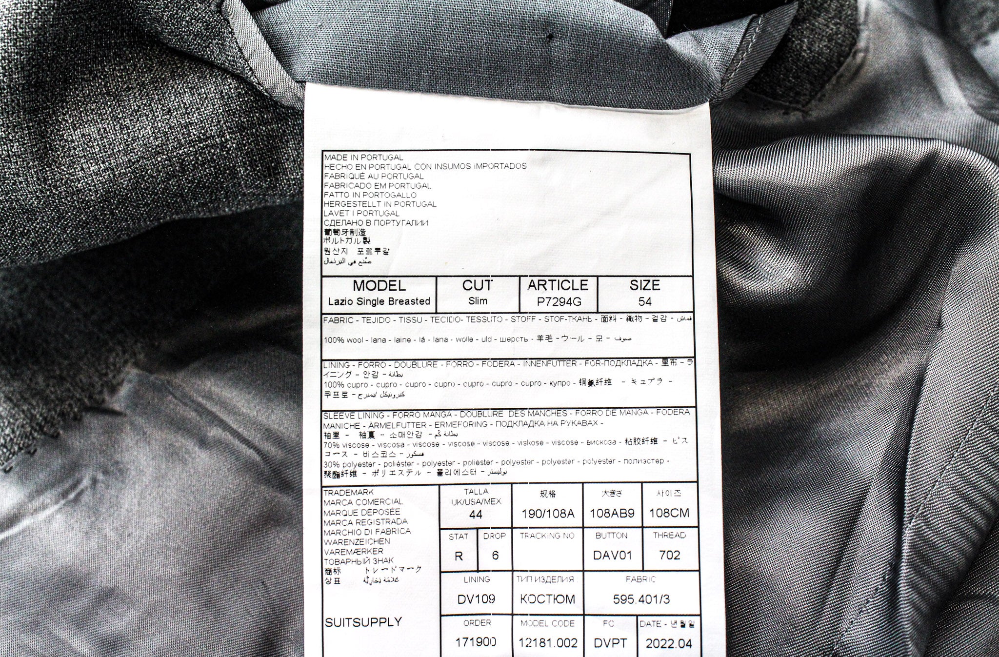 SUITSUPPLY Lazio Men's Grey Wool 2Pc Suit UK44R Slim Fit Single-Breasted Formal