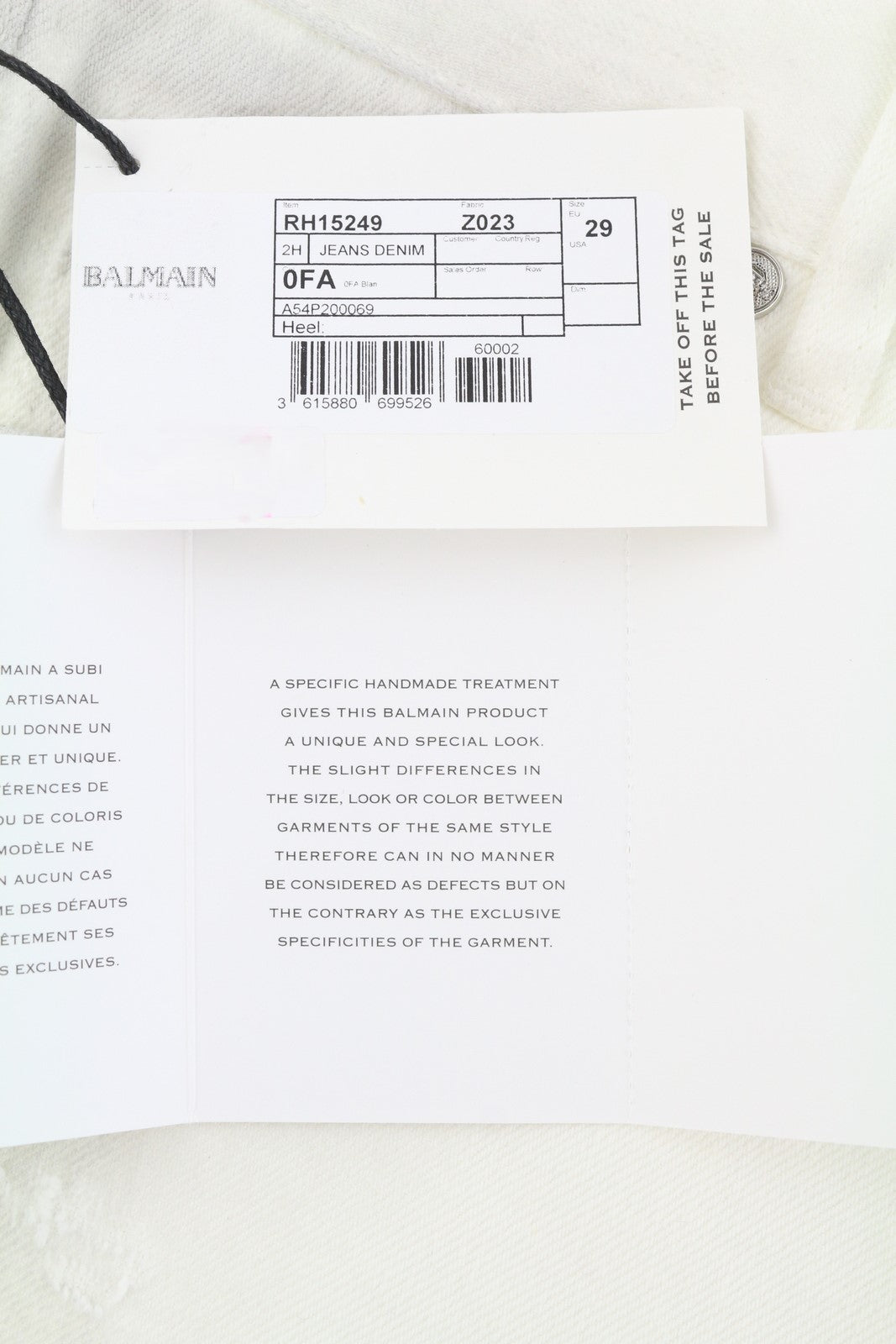 BALMAIN vyriški džinsai 29 balti, tiesūs, suteptos tekstūros, sudegusio nešvaraus audinio efektu (RRP690) 