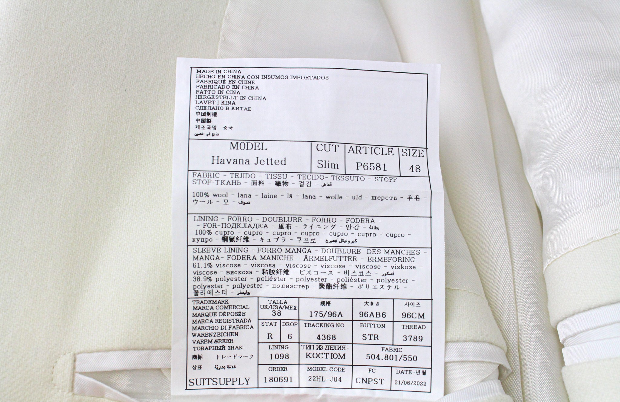 SUITSUPPLY Havana Suit UK38R Men's Off-White Wool Flannel 2-Piece Slim