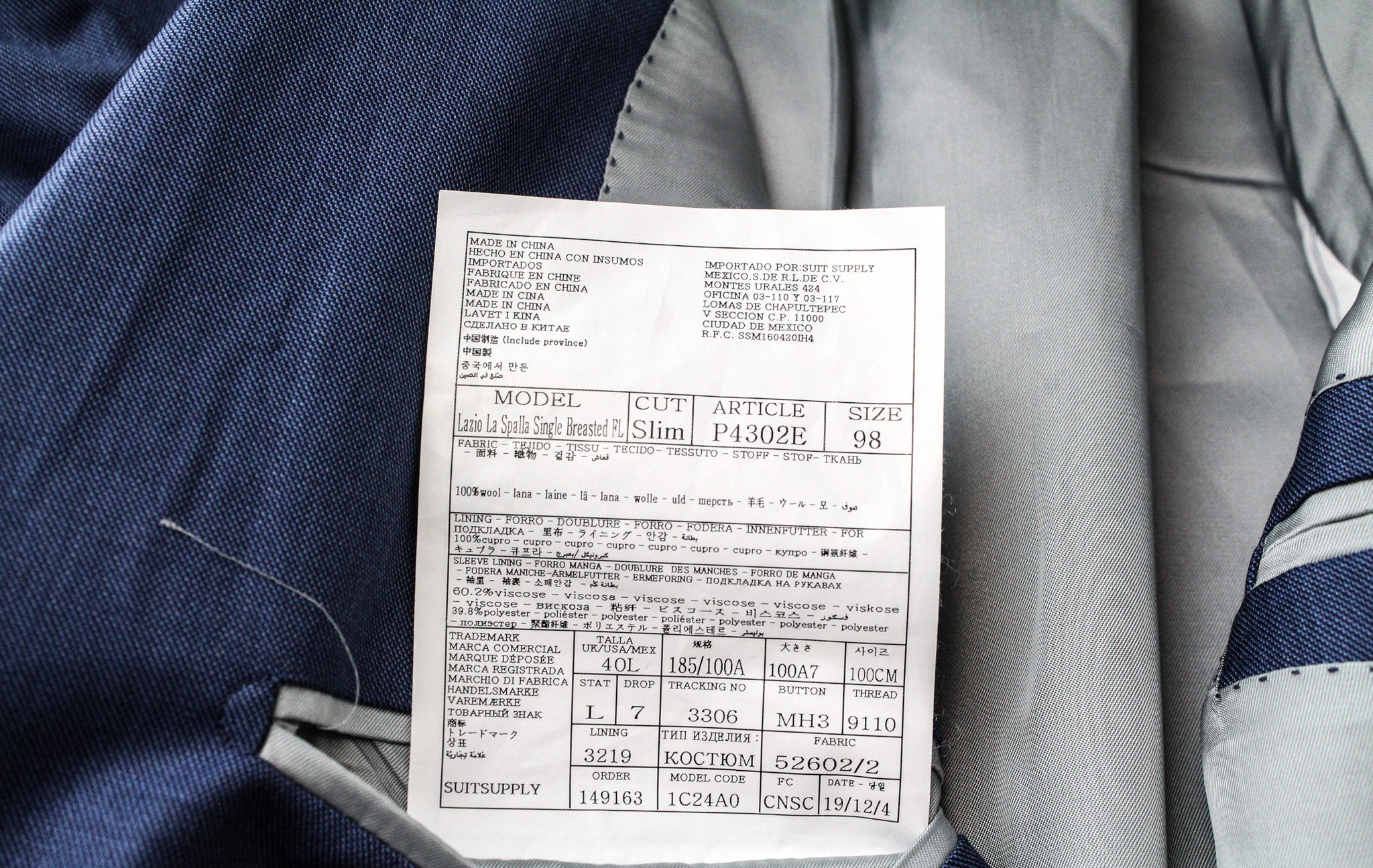 SUITSUPPLY Lazio La Spalla Men's Suit UK40L Slim Blue Wool 3Pc Super 150's