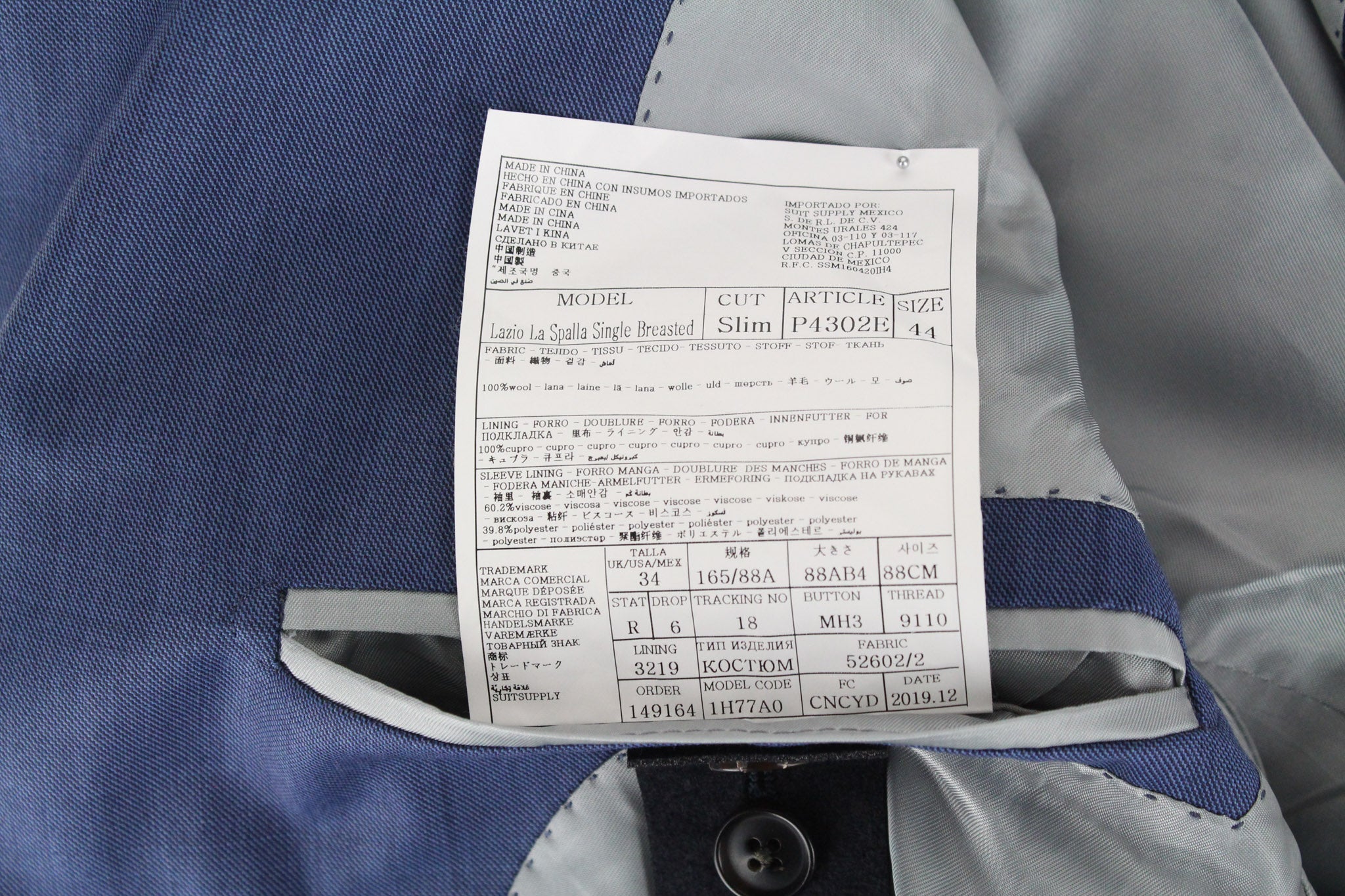 SUITSUPPLY Lazio La Spalla Men's UK34R Blue Slim 3Pc Super 150s Wool Suit