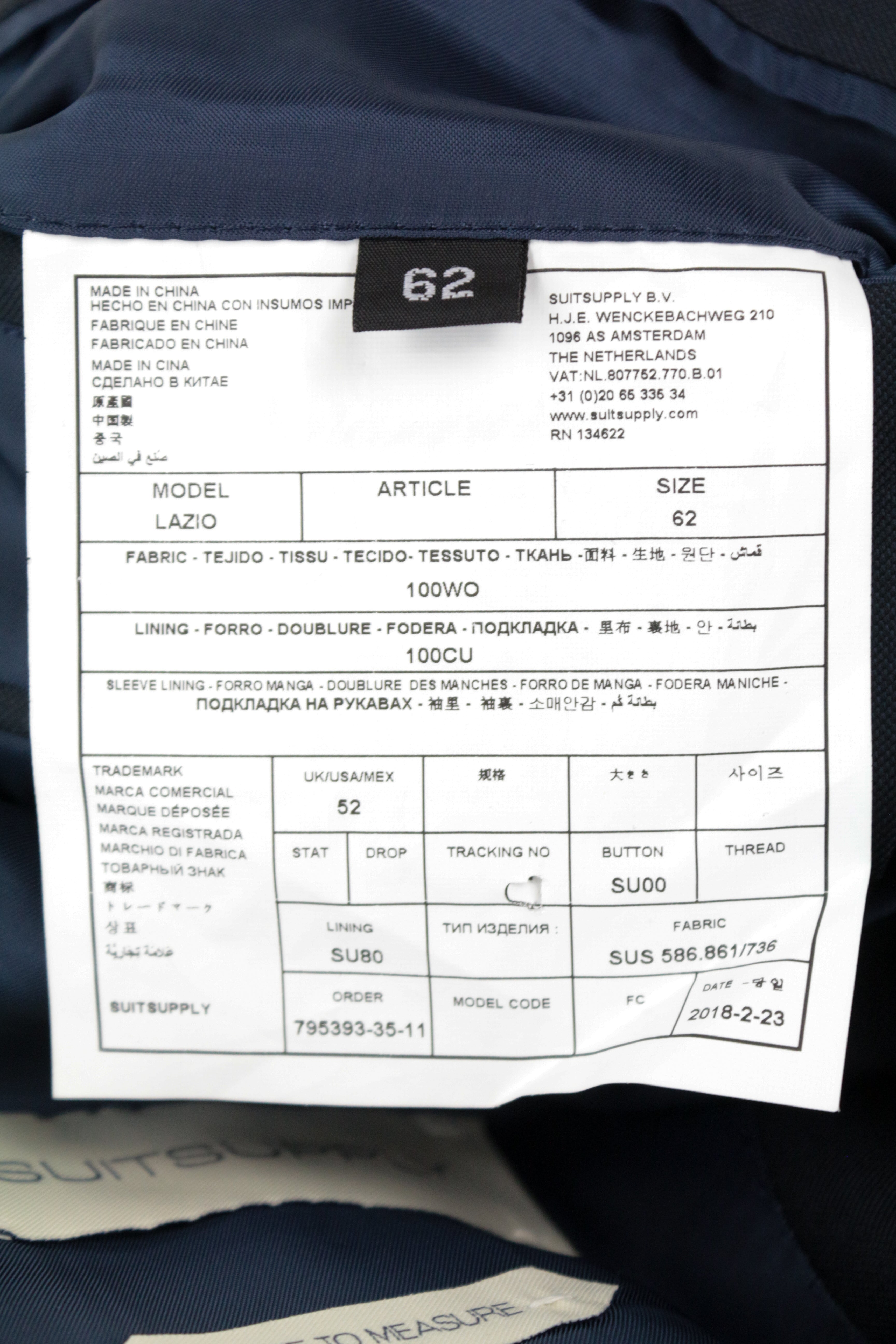 SUITSUPPLY Lazio UK52 Men's 3 Piece Blue Wool Suit Single-Breasted