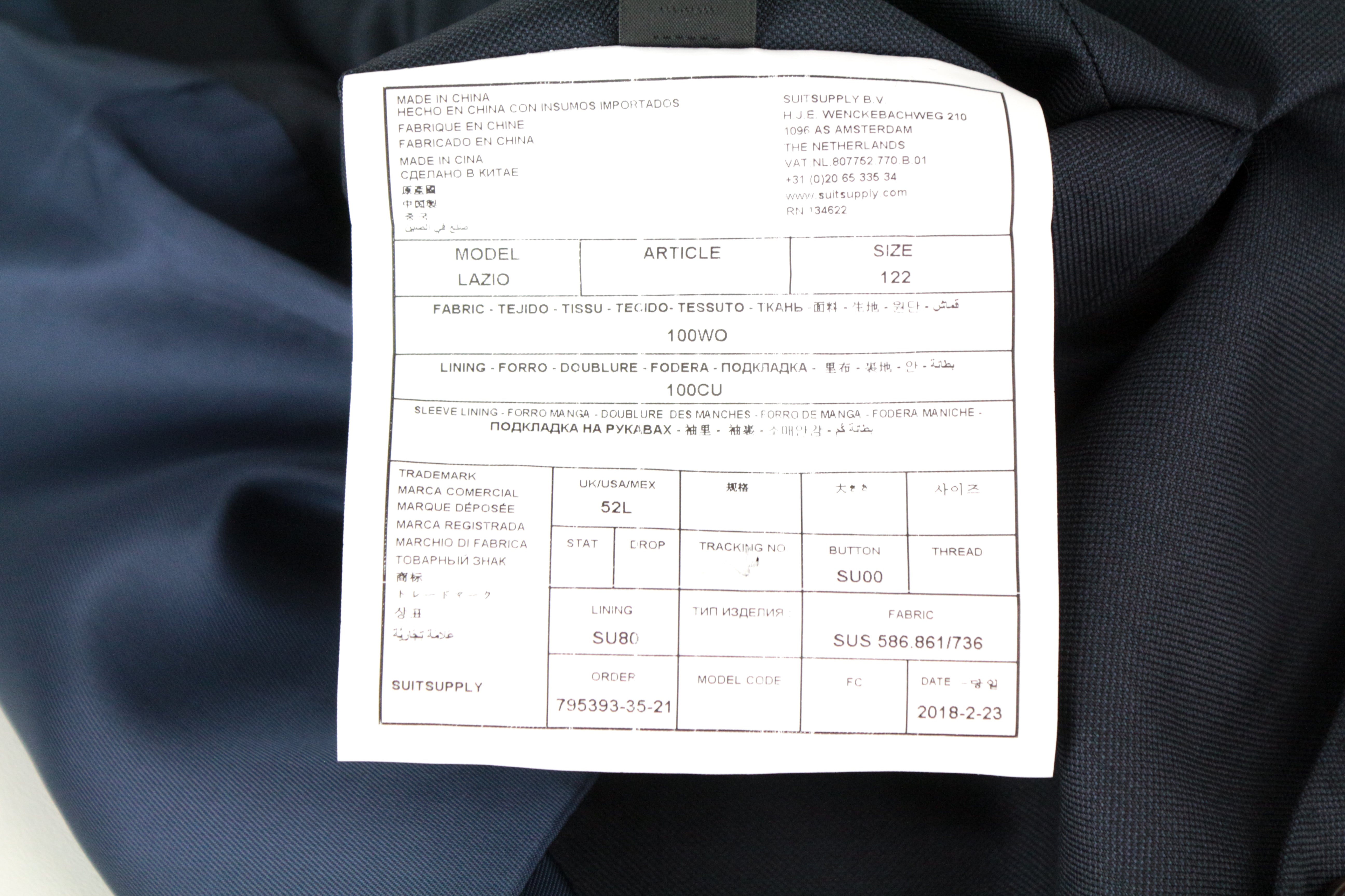 SUITSUPPLY Lazio UK52 Men's 3 Piece Blue Wool Suit Single-Breasted