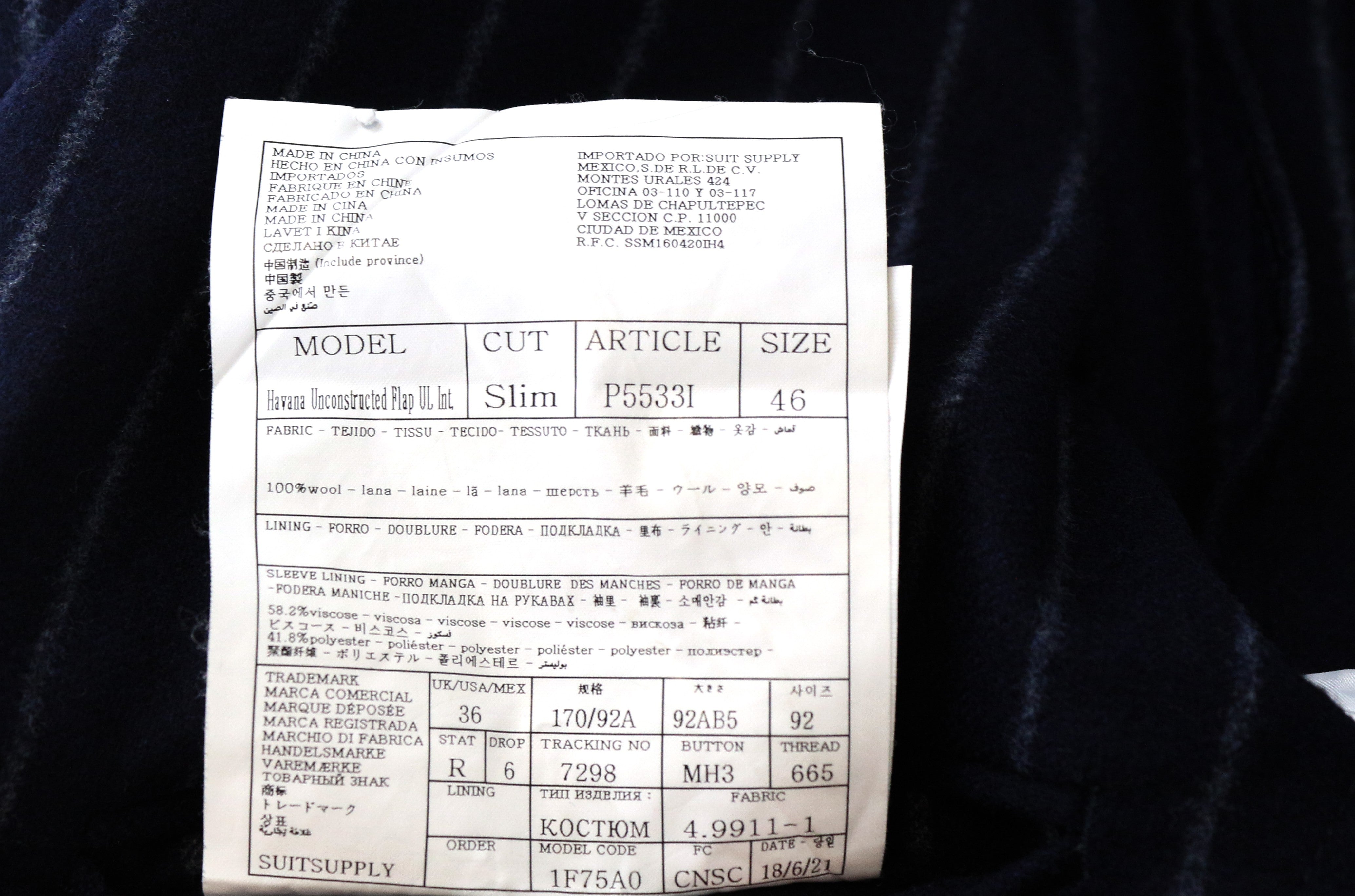 SUITSUPPLY Havana UK36R Suit 2Pc Blue Wool Slim Men's Striped Unlined