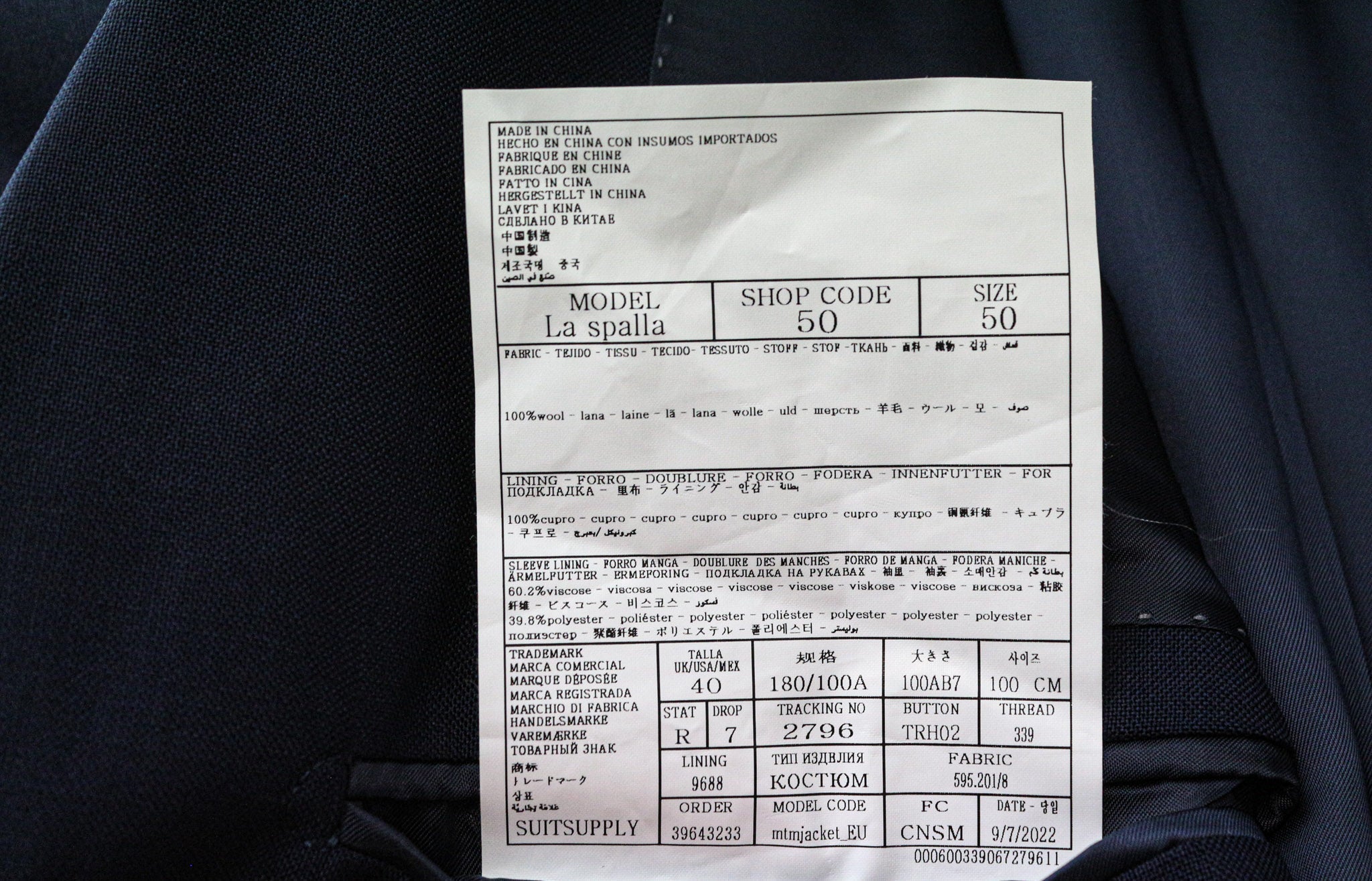 SUITSUPPLY La Spalla Men's Suit UK40R Blue Wool Lined Single-Breasted 2 Piece