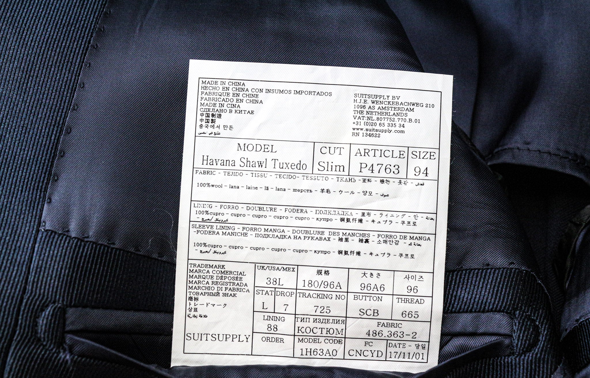 SUITSUPPLY vyriškas Havanos smokingo kostiumas, UK38L, plonas, mėlynas, dviejų dalių, grynos vilnos, „Super 110s“ 