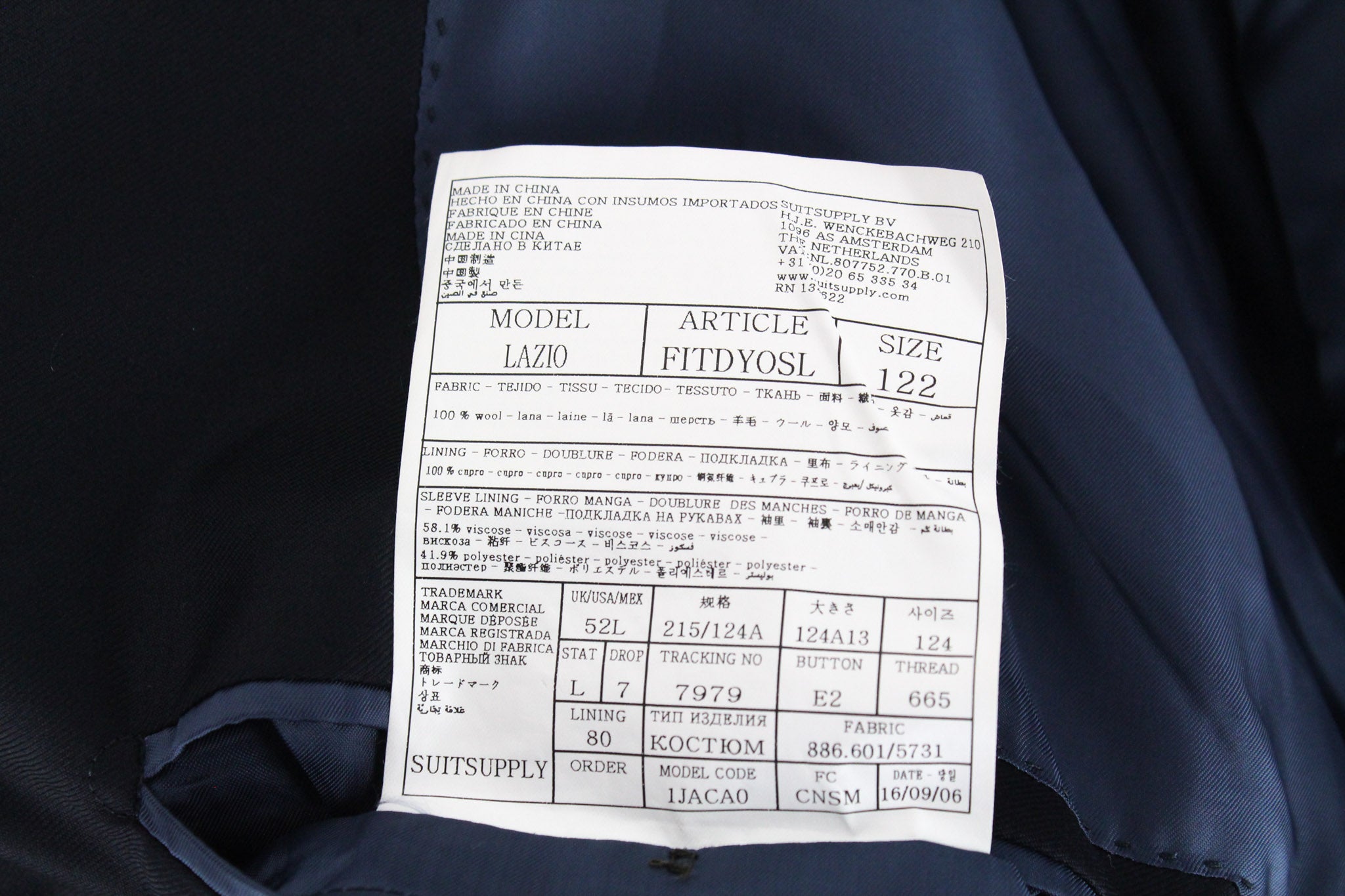 SUITSUPPLY Lazio Blueline Men's Suit UK52L Classic Navy Blue Wool 2-Piece