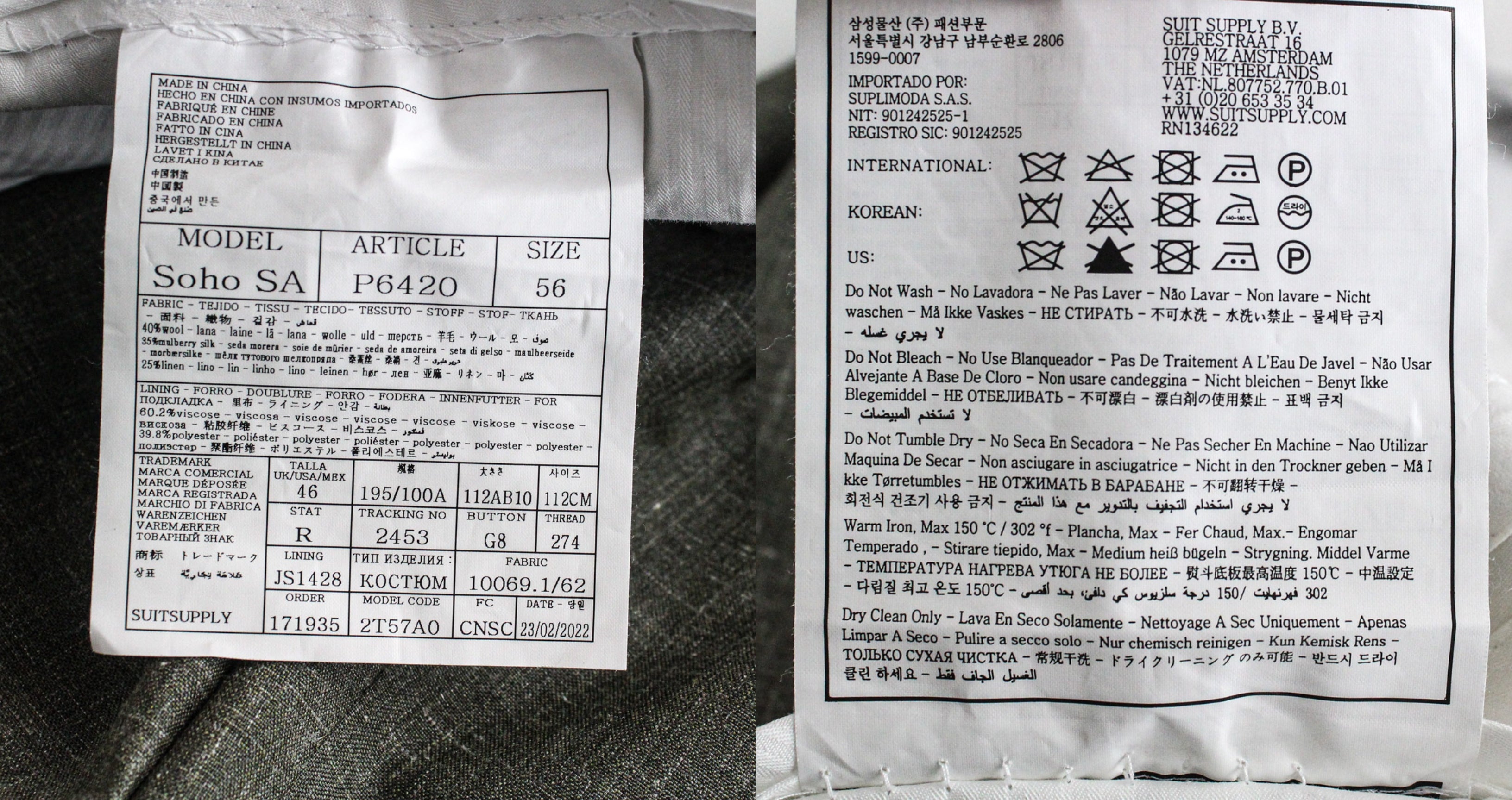 SUITSUPPLY La Spalla Men's UK46R Green Single-Breasted Wool Silk Linen 3 Piece