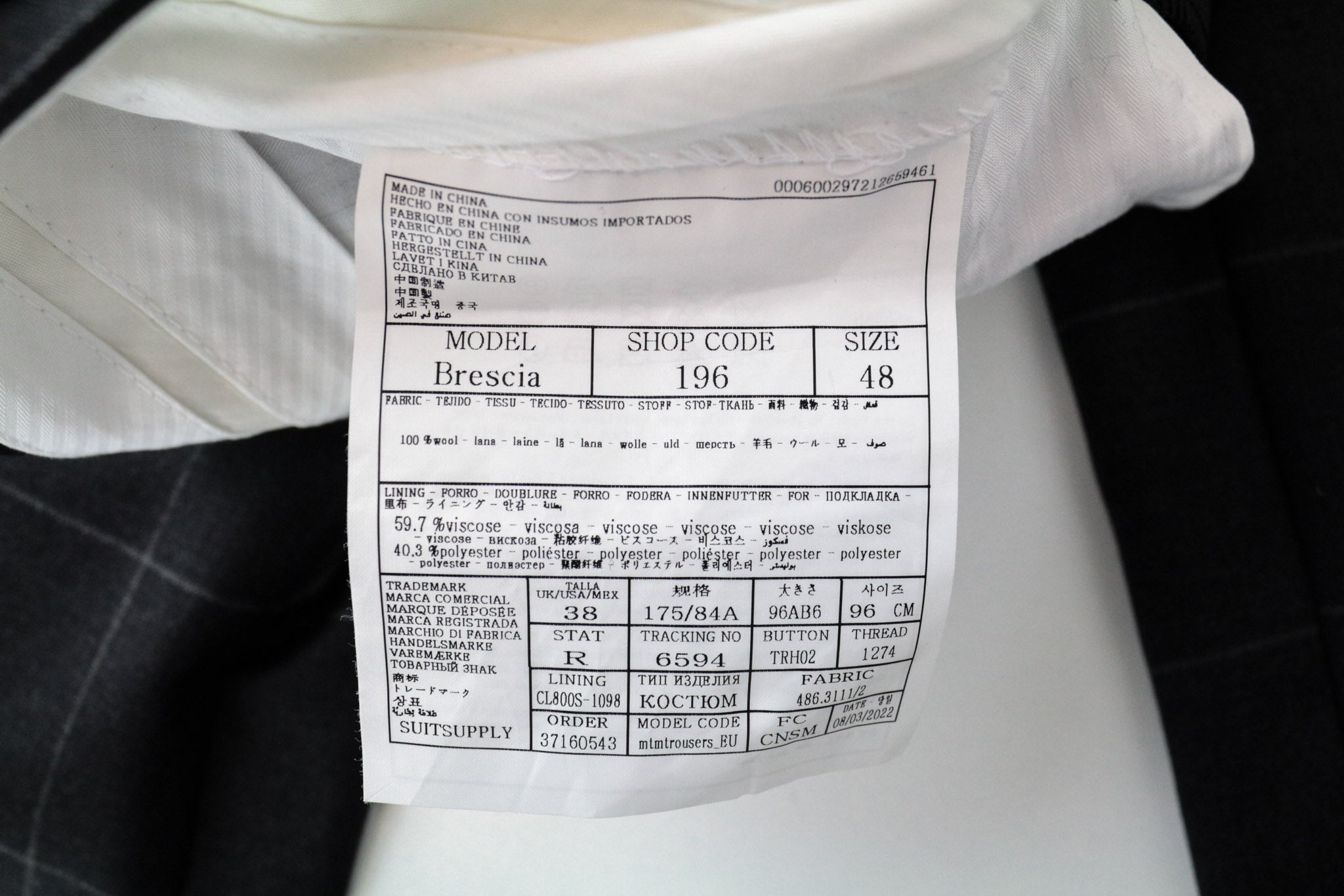 SUITSUPPLY La Spalla Men's UK38R Grey Slim Wool Windowpane Suit 2Pc