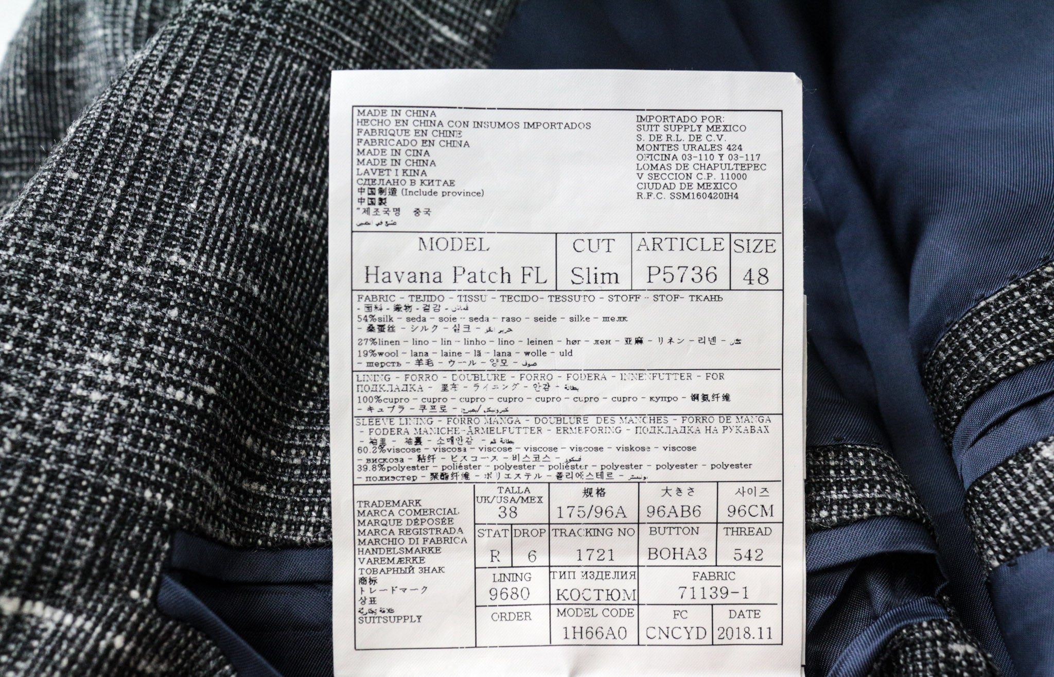 SUITSUPPLY Havana Men's Suit UK38R Grey Glen Check Wool-Silk Slim 2Pc