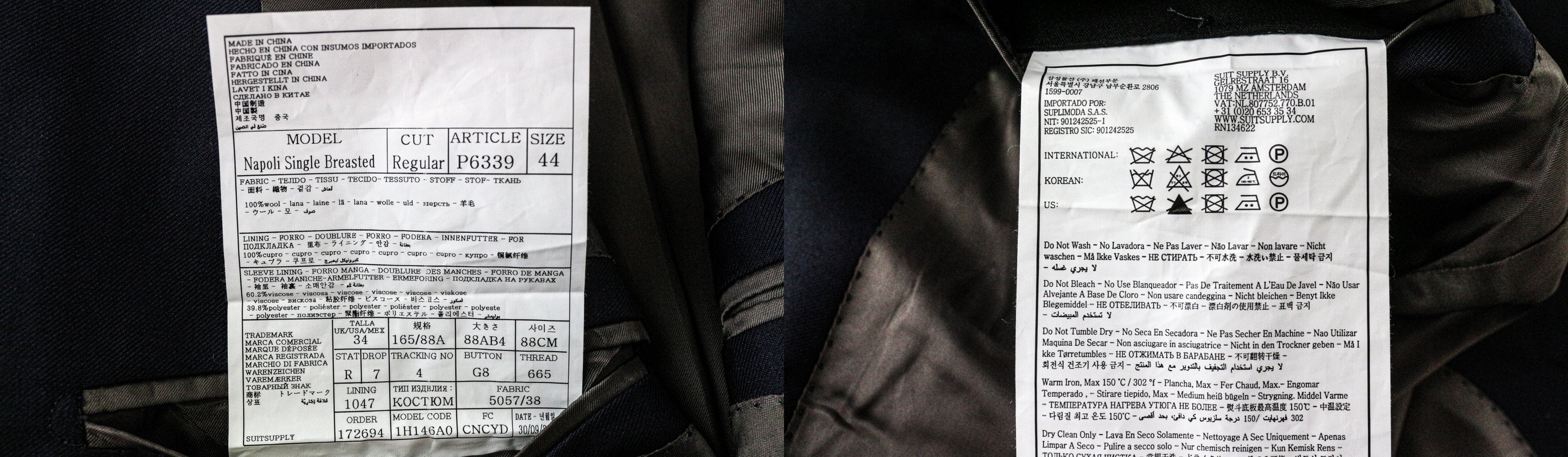 SUITSUPPLY Napoli Men's Suit UK34R Blue Wool 3Pc Classic Fit Single-Breasted