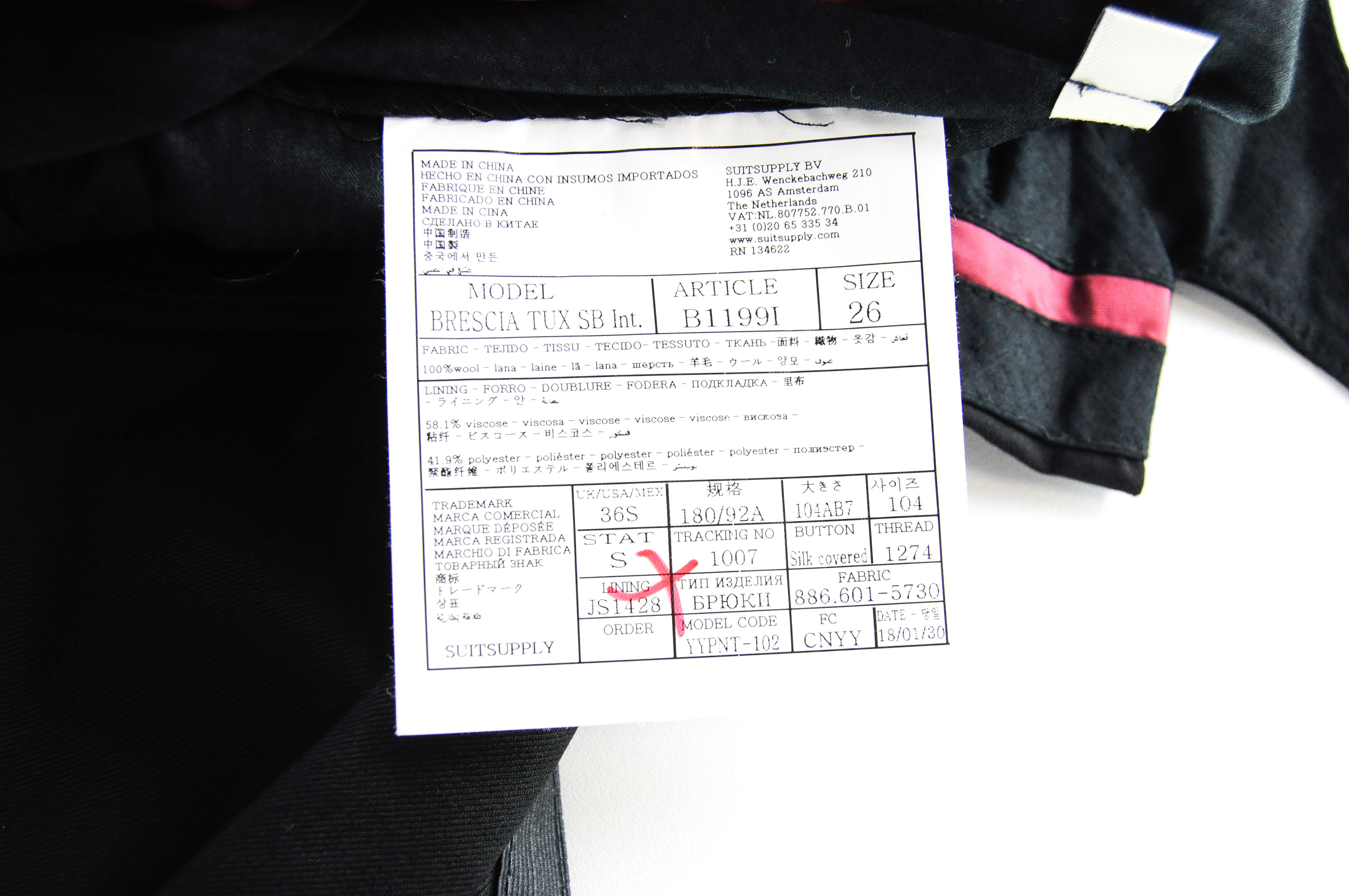 SUITSUPPLY Men's UK44S Lazio Tuxedo Suit Black Slim Wool 2 Piece Super 110's