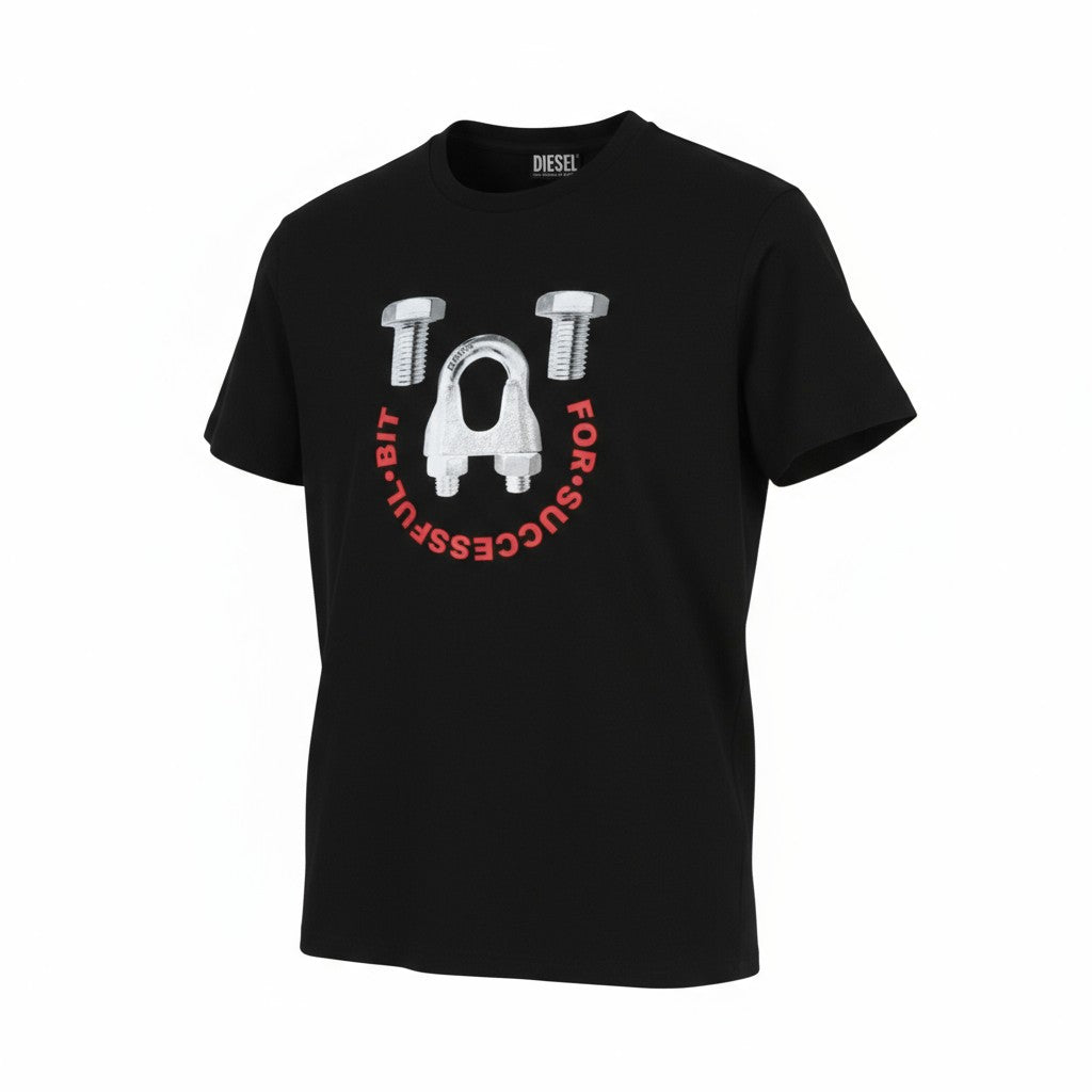 DIESEL T-Diegos-B3 vyriški marškinėliai S, juodi, tamprūs, apvalios iškirptės, trumpomis rankovėmis.