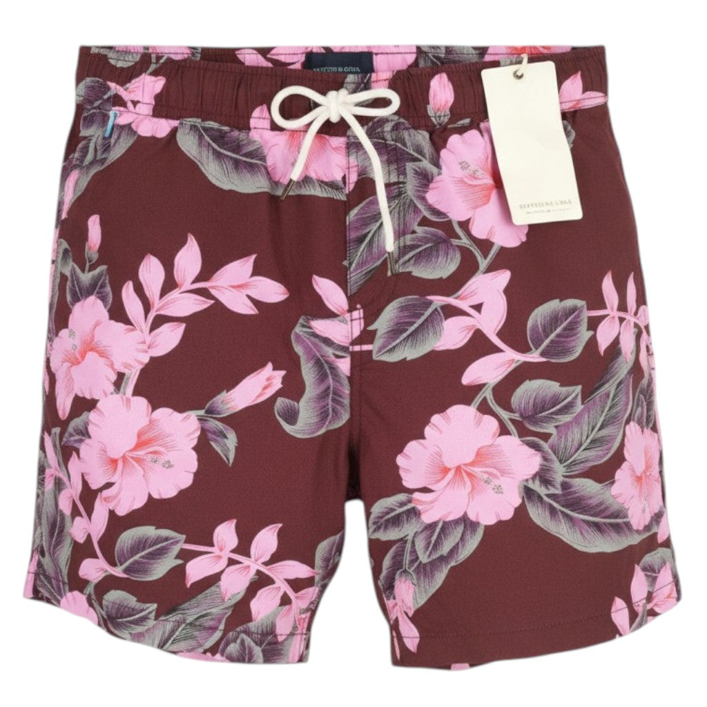 SCOTCH &amp; SODA vyriški maudymosi kostiumėliai S, bordo spalvos, gėlėto rašto, su elastingu juosmeniu, tinklelio pamušalu. 
