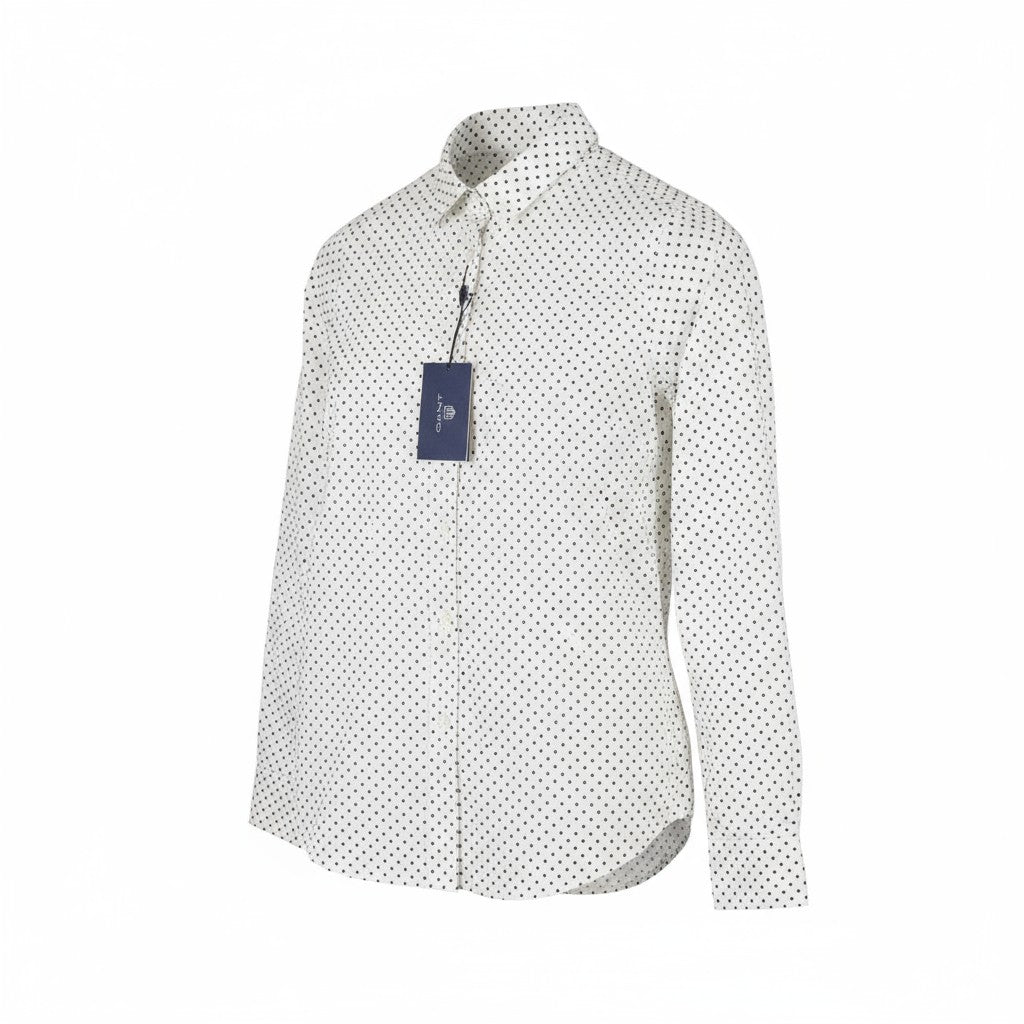 GANT Tamprūs, plačiaauliai marškinėliai su taškeliais, balti, su sagomis ir platėjančia apykakle, laisvalaikio stiliaus.