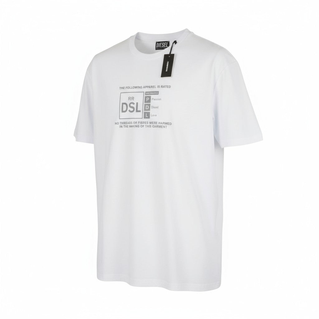 DIESEL T-Just-A35 vyriški marškinėliai trumpomis rankovėmis, apvalia apykakle priekyje, balti