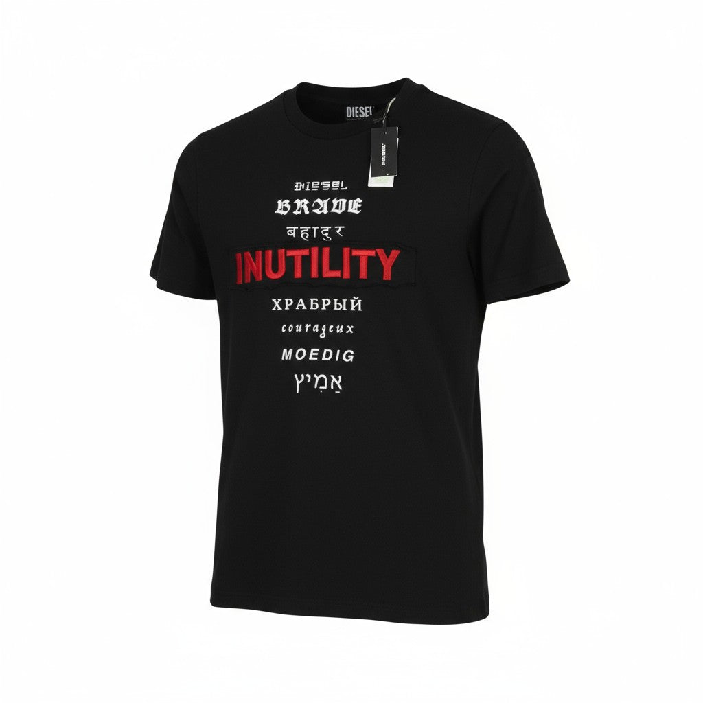 DIESEL T-Diegos-B6 Men T-Shirt S Black Tricot Stretch Crew Neck Short Sleeved