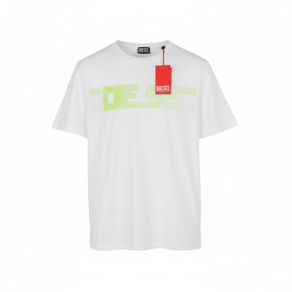 DIESEL T-Just-E19 vyriški marškinėliai M trumpomis rankovėmis, apvalia apykakle, priekyje, balti trikotažo rašto
