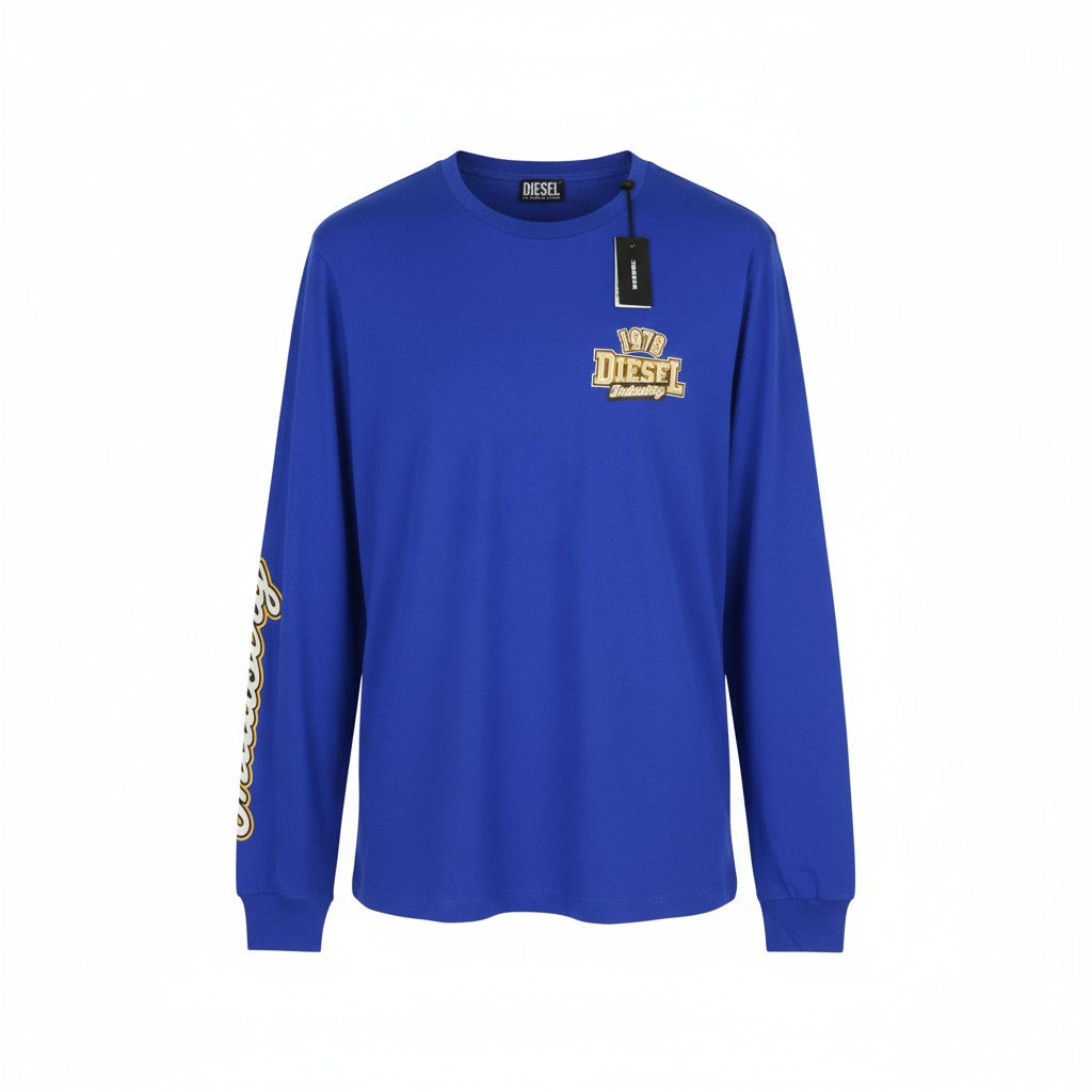 DIESEL T-Diegos-LS-K27 vyriški marškinėliai L dydžio, mėlyni, megztiniai su apvalia kaklu ir ilgomis rankovėmis.