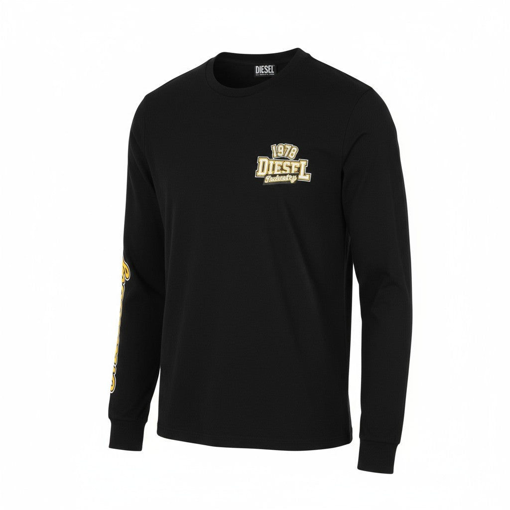 DIESEL T-Diegos-LS-K27 vyriški marškinėliai M juodi su megztiniu apvalia apykakle