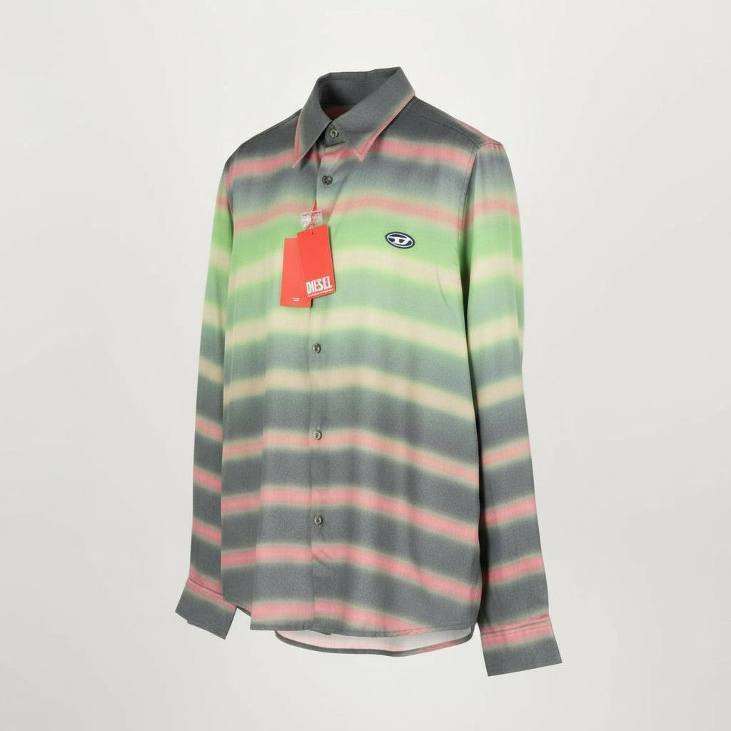 DIESEL vyriški marškinėliai S-Tucker dryžiais, L, rekomenduojama kaina 150 €, raštuotas, sagomis užsegamas, išskleidžiamas logotipas, šviesus