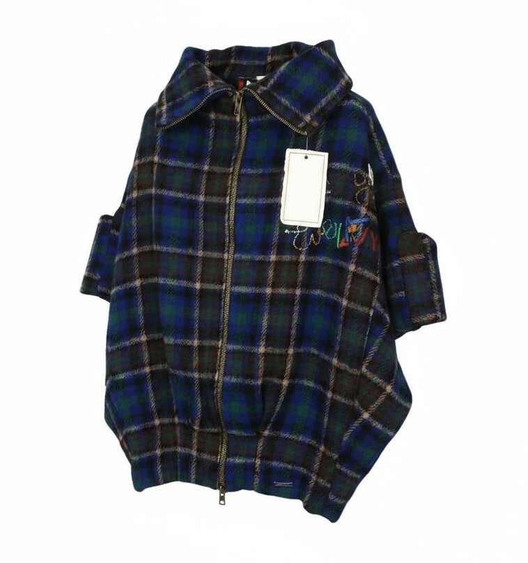 DESIGUAL moteriškas paltas EU42 mėlynas tartanas didelis kimono stiliaus vilnos mišinio paltas 