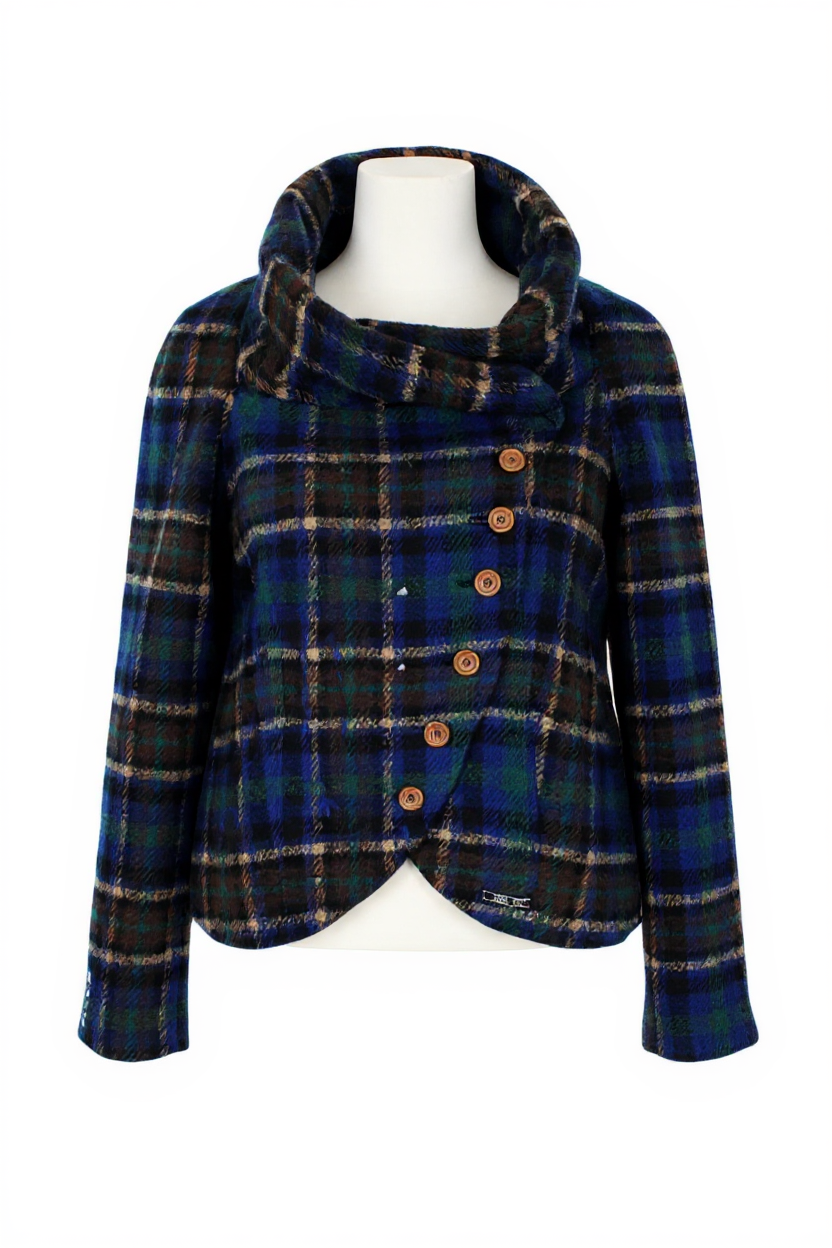 DESIGUAL Mula moteriškas paltas, 38 dydis, mėlynas languotas vilnos mišinio švarkas su siuvinėtu logotipu 