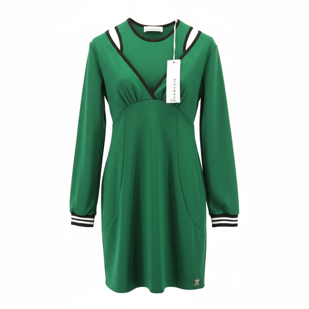 JOHN RICHMOND Women's Dress S Green Cut-Out Logo Long Sleeve Short