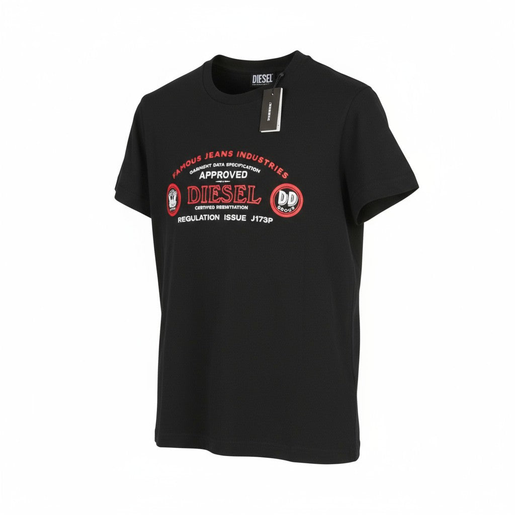 DIESEL T-Diego-C4 Men T-Shirt M Black Short Sleeved Crew Neck Front Logo Tricot