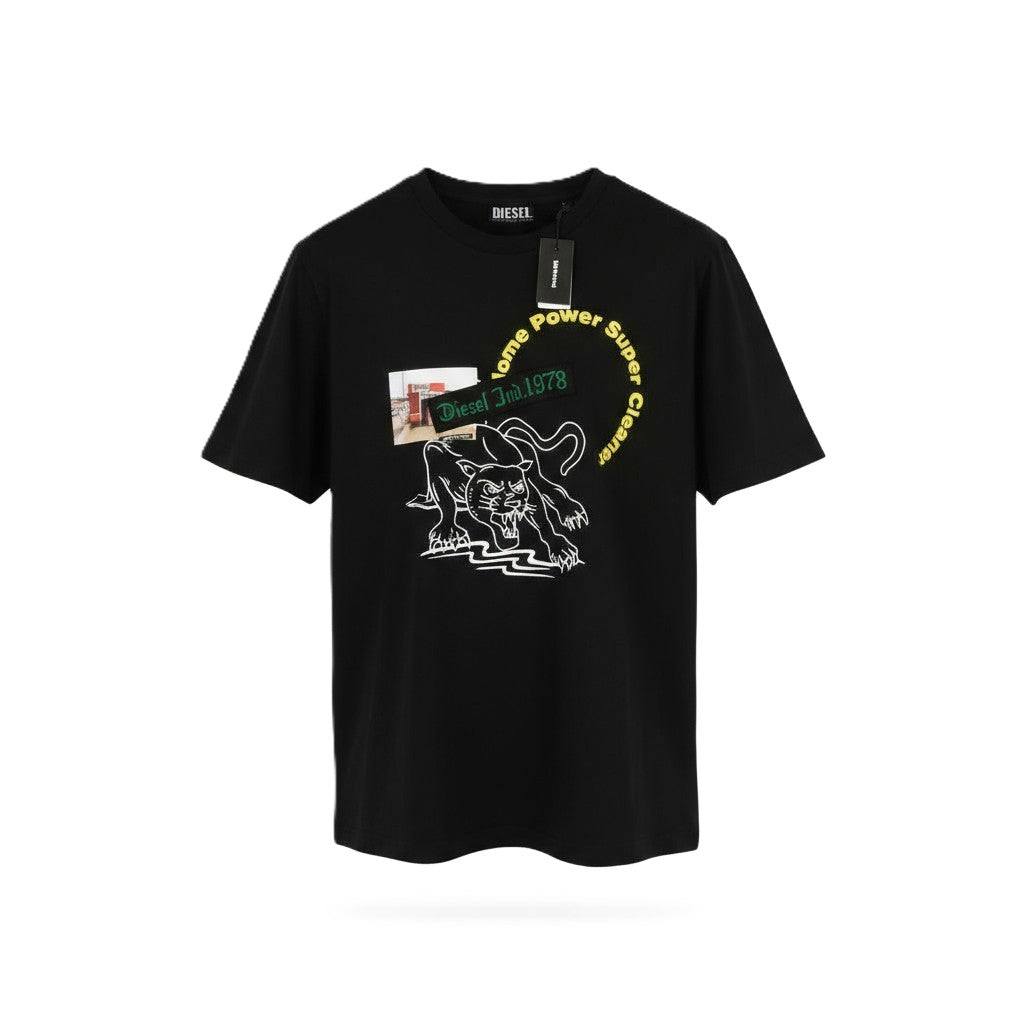 DIESEL T-Just-B60 vyriški marškinėliai su juodu, trumpomis rankovėmis, apvalia kaklo iškirpte, trikotažo raštu, S dydžio