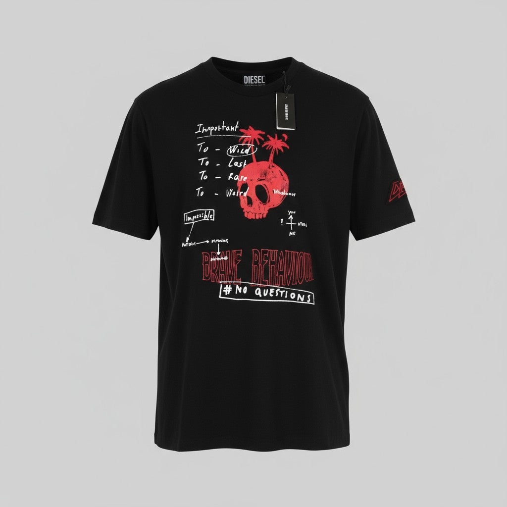 DIESEL T-Just-B61 Men T-Shirt S Black Tricot Stretchy Crew Neck Short Sleeved