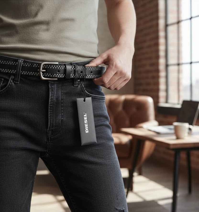 DIESEL B-Inary vyriškas diržas, 100 cm, juodas, odinis, sidabro atspalvio, sagtis su detalėmis, RRP200