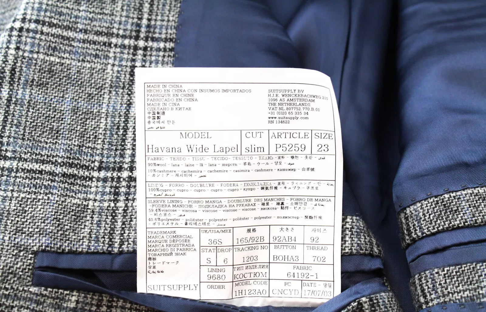 SUITSUPPLY Havana Men's Suit UK36S Wool Cashmere Checked Slim 2-Piece