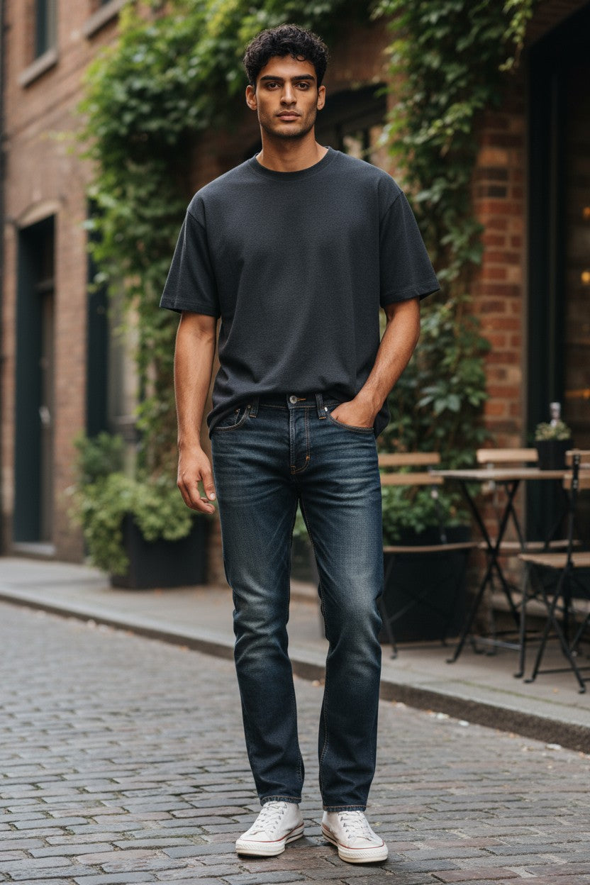 NUDIE Thin Finn Grey Authentique dėvėti vyriški džinsai W30/L32 Whiskers Cotton 