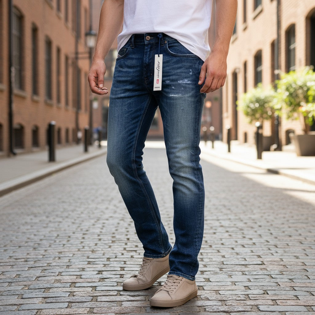 DIESEL Thavar-NE R060S W28 vyriški siaurėjantys džinsai su sendinto audinio efektu, mėlyni