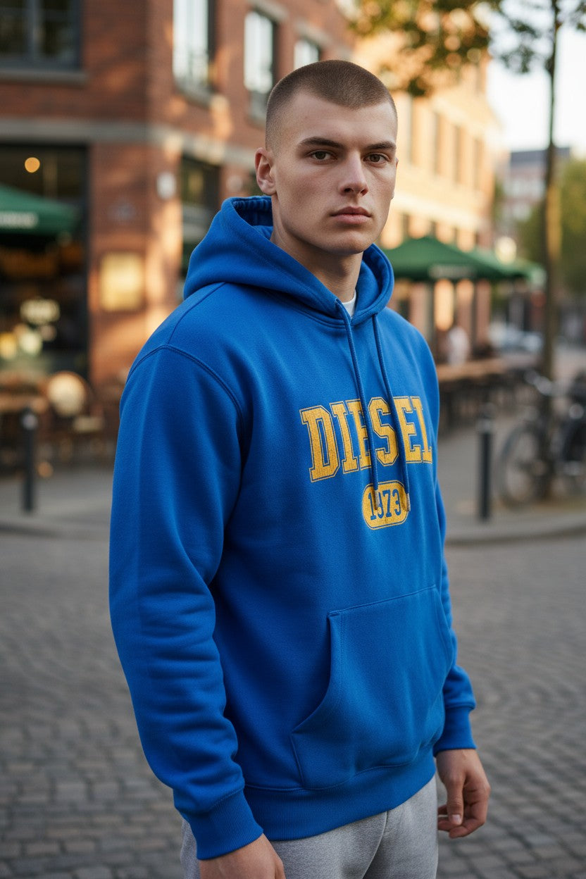 DIESEL S-Ginn-Hood-K25 vyriškas džemperis su gobtuvu M, mėlynas, didelis megztinis su kengūra, RRP125