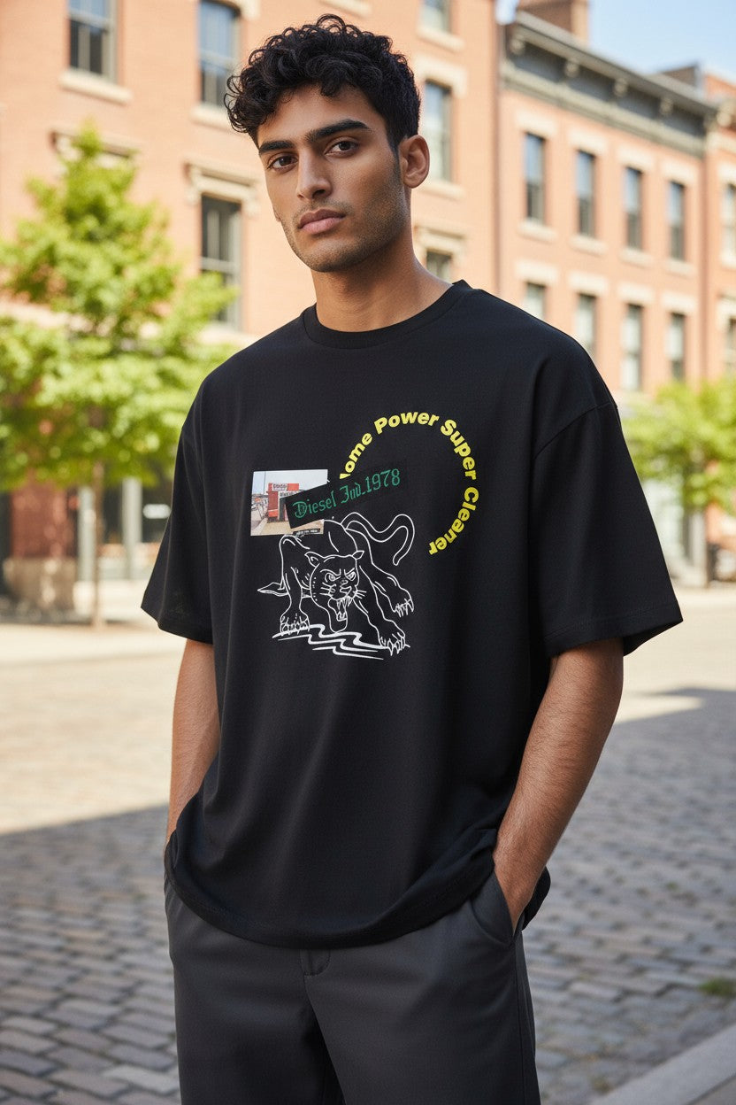 DIESEL T-Just-B60 vyriški marškinėliai su juodu, trumpomis rankovėmis, apvalia kaklo iškirpte, trikotažo raštu, S dydžio