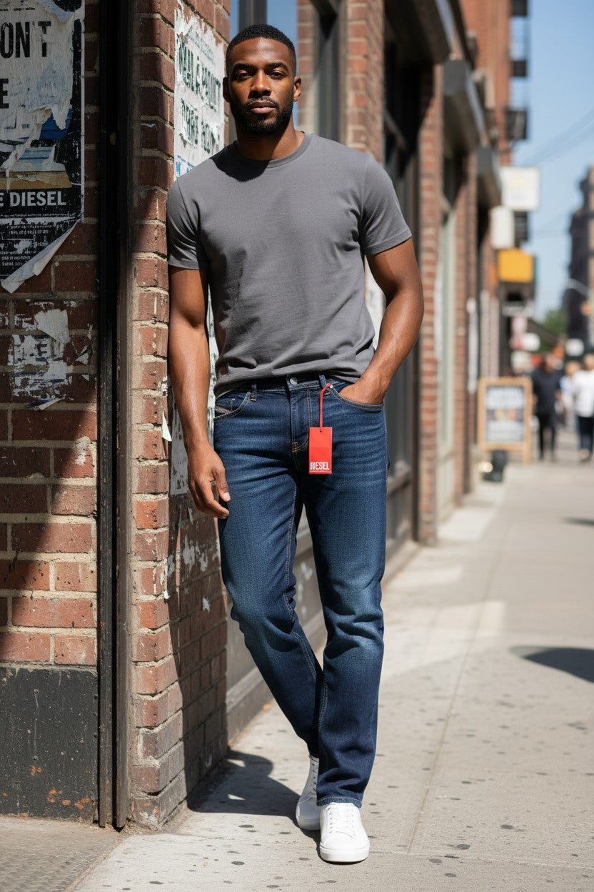 DIESEL Thommer-X R9B90 vyriški džinsai W33/L34 Slim žemo juosmens, rekomenduojama kaina – 160 €, mėlyni 