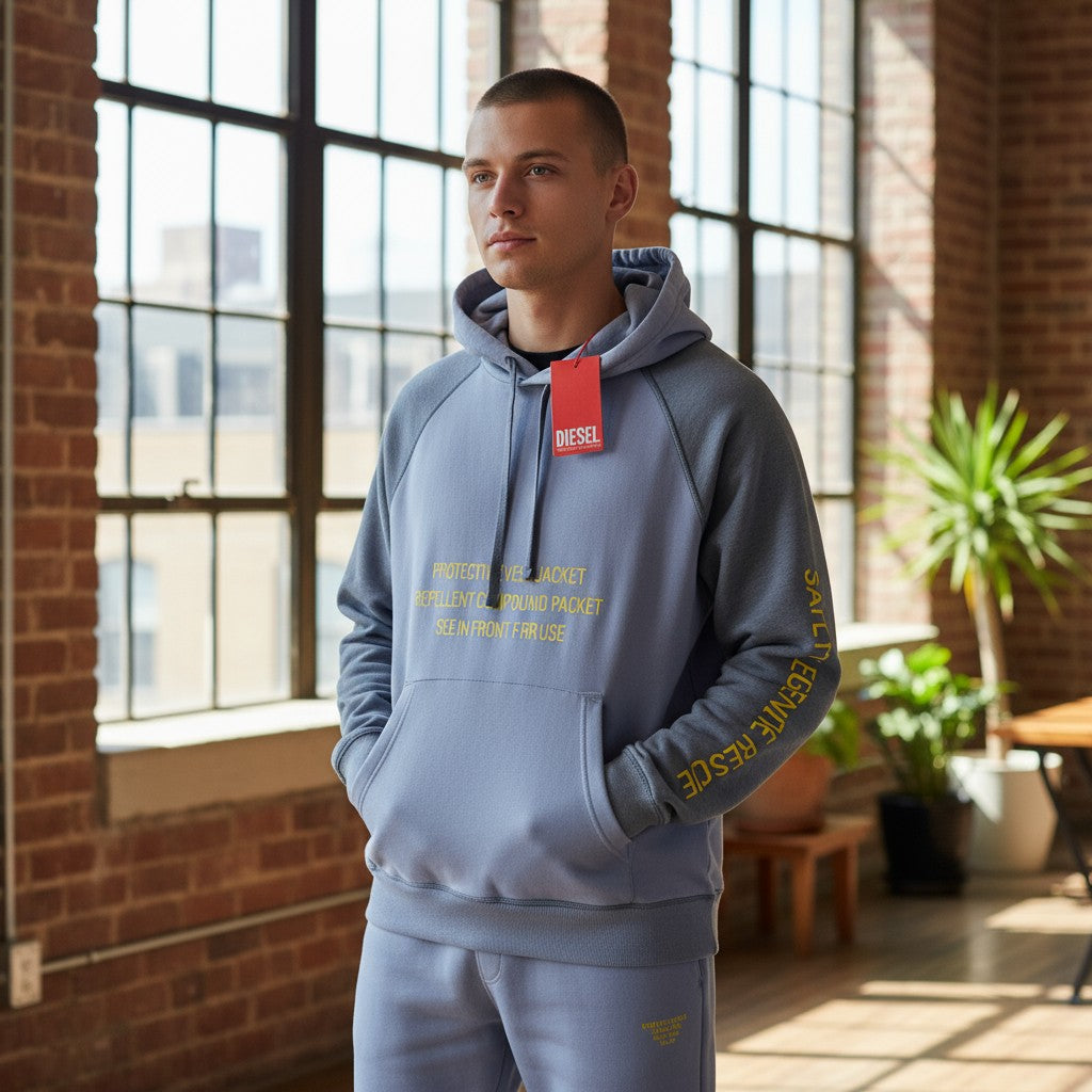 DIESEL S-Girlan-Hood vyriškas džemperis su gobtuvu, L dydžio, mėlynas, megztinis su kengūros kišene, RRP195