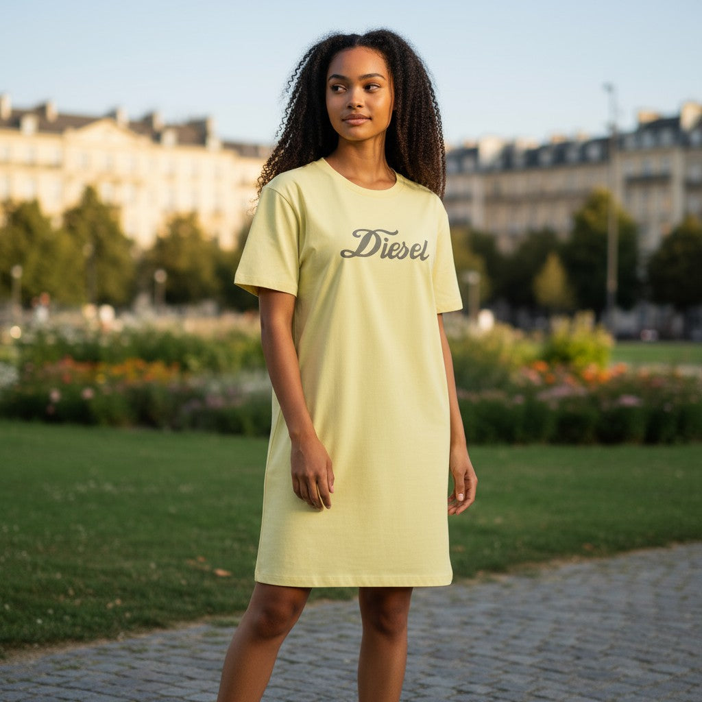 DIESEL D-Egor-New-Ita moteriška suknelė L geltona trumpomis rankovėmis trikotažo laisvalaikio logotipu