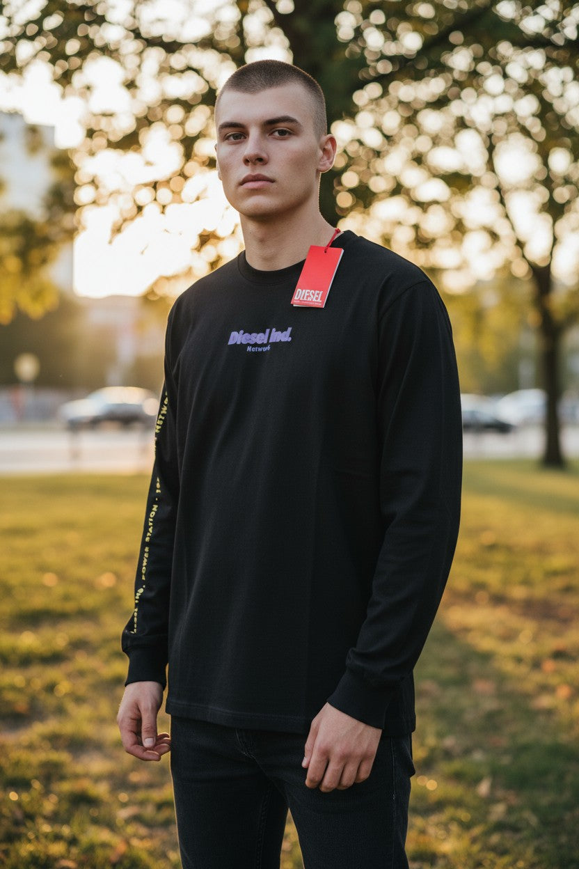 DIESEL T-Just-LS-E4 vyriški marškinėliai L, juodi, ilgomis rankovėmis, apvalia apykakle, trikotažiniai, RRP 80 € 